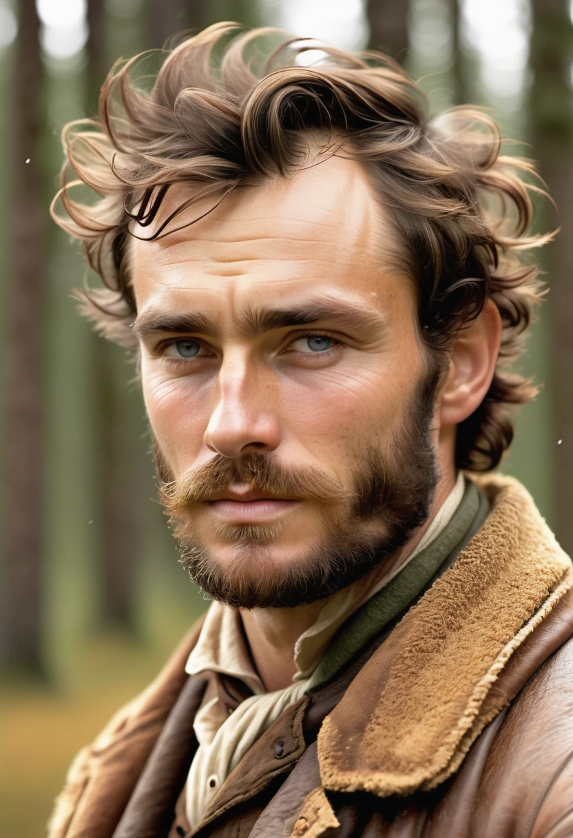 (highly detailed, soft light, photorealistic, dynamic light; cinematic); victorian era; 1820s; 30 years old man; English; 1820s gentleman; strikingly handsome; high cheekbones; strapping; tough confident expression; masculine face with several scars; charismatic; grizzled; sensual; manly passionate air; very attractive; burly broad figure; ruddy weathered skin; unkempt beard; natural light-blue eyes; thick strong chestnut-brown eyebrows; carefully-shaped 1820s sideburns; 1820s old thick brown coat; short styled chestnut-brown hair in 1820's hairstyle; full firm masculine lips; standing in a cosy log cabin during a snowy day in 1820's Canada; looking at camera