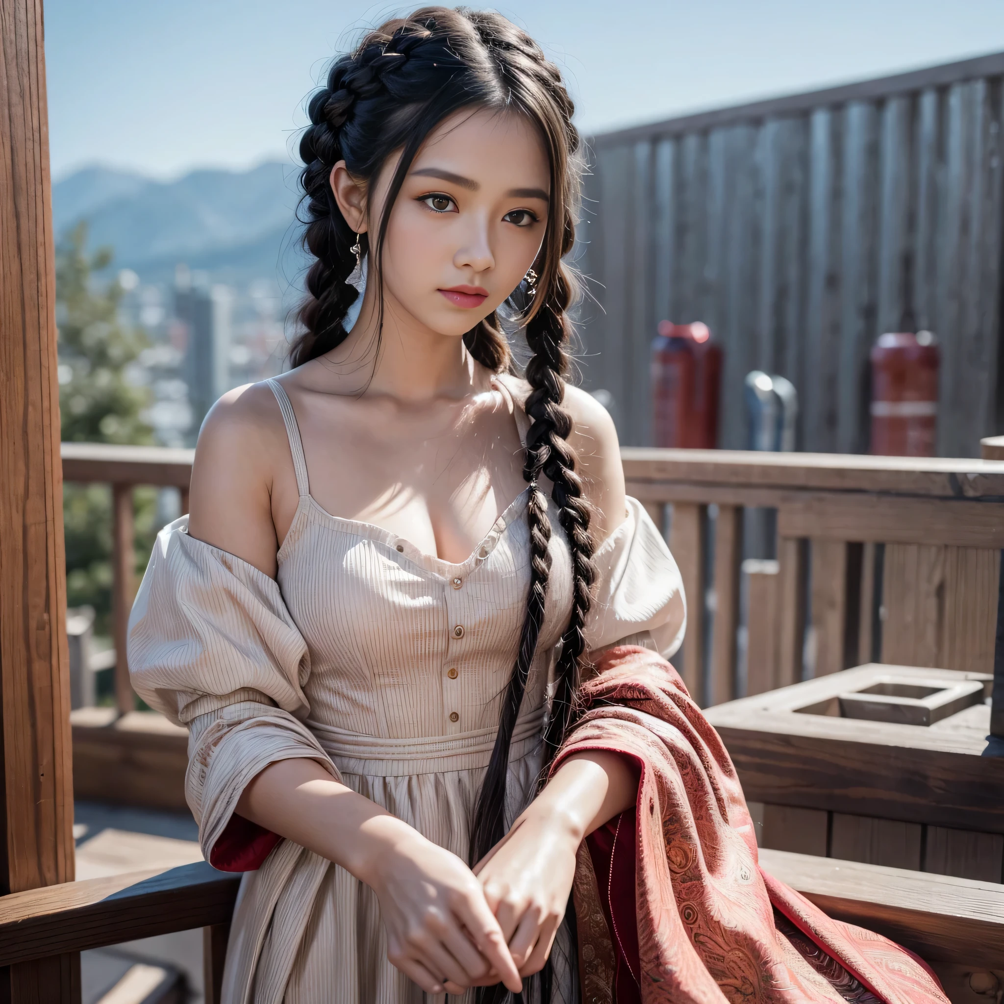 , 1 girl, alone,  Braid, looking at the viewer, dress, long hair, traditional media, sign, bangs, compensate, Put your own hands together, black hair, Upper body, lipstick, drill hair, artist name, twin Braids, bridal gauntlet, No sleeve