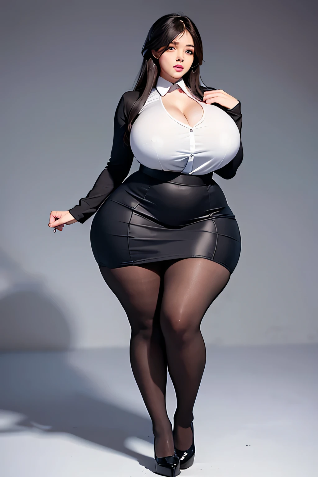 A curvaceous, cute and skinny super large biggest thick ass realist secretary , dressed in a tight-fitting skirt that hugs her voluptuous large and thick hips and round huge thick ass behind. perky breasts, which are just barely contained within the constraints of her buttoned-up attire. pantyhose, big and thick ass, large and thick hips
