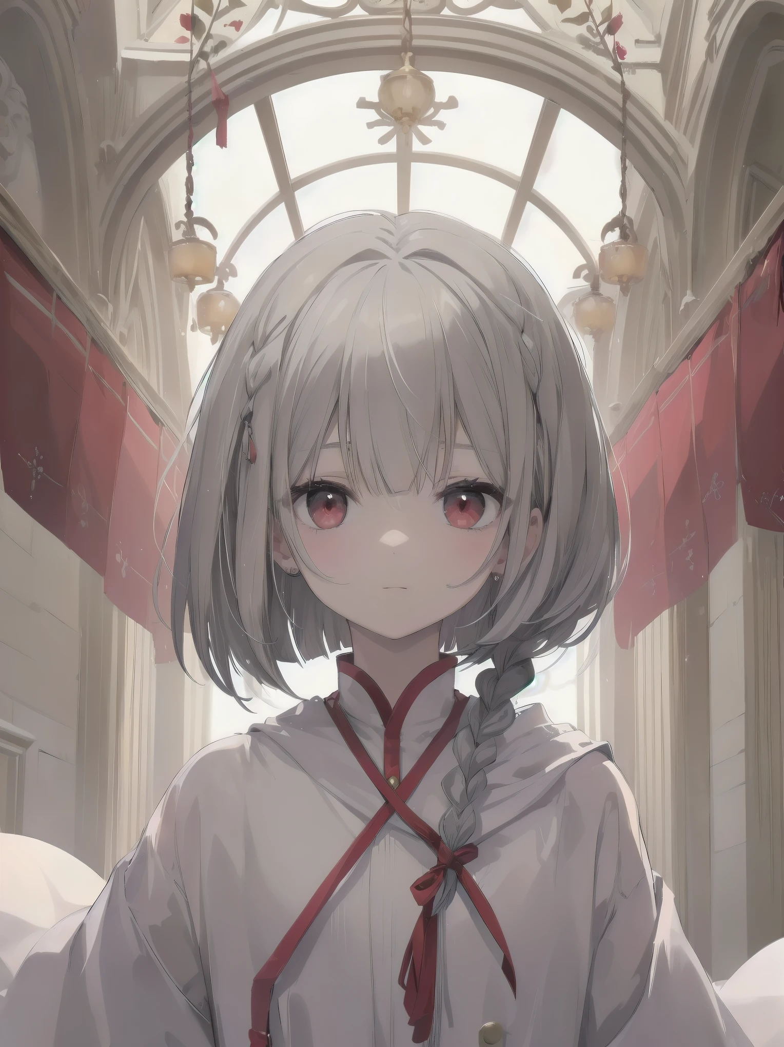 highest quality, masterpiece,gray hair, red eyes,white clothes, look up, Upper body,Fair skin,One-length bob cut with braided braids、cute