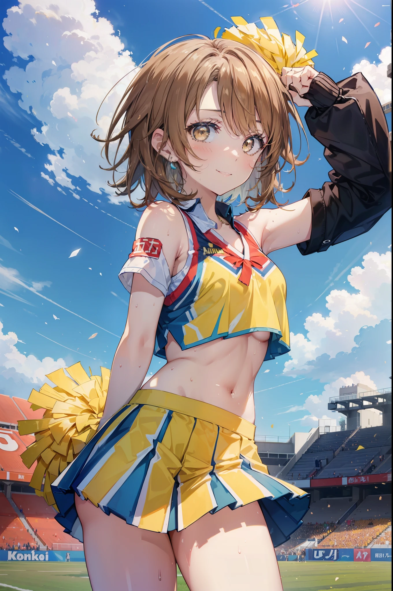 irohaisshiki, iroha isshiki, short hair, brown hair, (brown eyes:1.5), smile,happy smile, smile, open your mouth,(cheer leading), (whole body), big breasts, lower, (sweaty), sweaty Wet Clothes, (yellow clothes),Yellow pleated skirt,sneakers , Navel support, playground, (jump), (jump), 足を曲げてjumpする, air, blue sky, Grass原, smile
チアリーダー, pom pom \(cheer leading\), Grass, smile,
break outdoors,stadium,
break looking at viewer,(cowboy shot:1.5),
break (masterpiece:1.2), highest quality, High resolution, unity 8k wallpaper, (figure:0.8), (detailed and beautiful eyes:1.6), highly detailed face, perfect lighting, Very detailed CG, (perfect hands, perfect anatomy),
