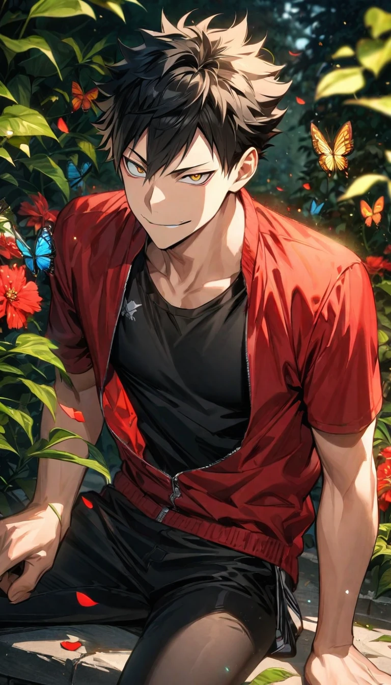 Ultra detailed, highres, absurdres, HDR, Kuroo Tetsurou, black hair, golden eyes, Haikyuu, smirking, red jacket, 1 man only, handsome, black tight t-shirt, summer, black pants, flowers and petals, green leaves, butterflies