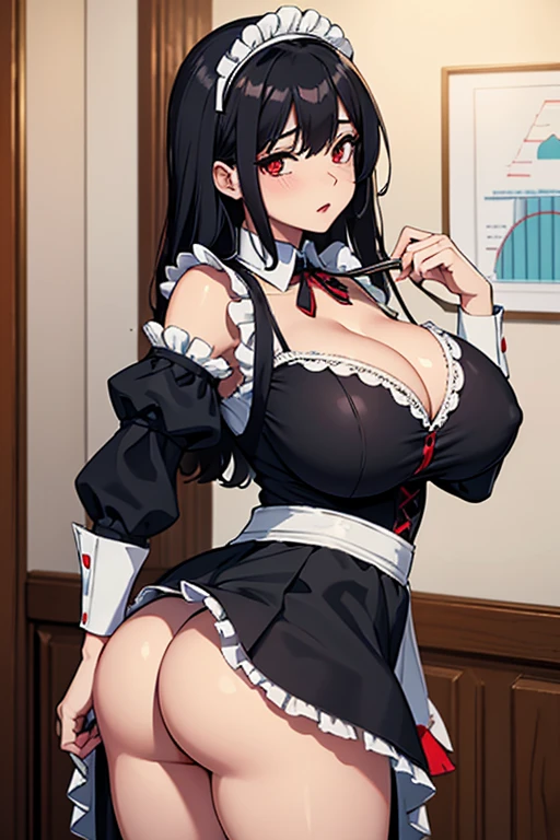 Maid cloths with cleavage on that is tight and she has a tight big ass with a short tight skirt with a ruler in both hands with e cup breast and black hair red eyes and a mysteriuse person is grabbing her ass hard