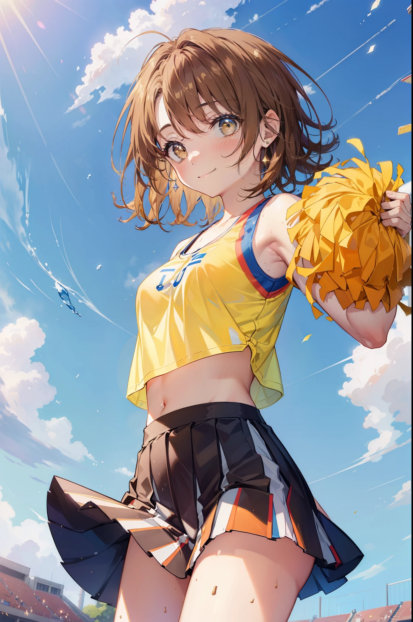 irohaisshiki, iroha isshiki, short hair, brown hair, (brown eyes:1.5), smile,happy smile, smile, open your mouth,(cheer leading), (whole body), big breasts, lower, (sweaty), sweaty Wet Clothes, (yellow clothes),Yellow pleated skirt,sneakers , Navel support, playground, (jump), (jump), 足を曲げてjumpする, air, blue sky, Grass原, smile
チアリーダー, pom pom \(cheer leading\), Grass, smile,
break outdoors,stadium,
break looking at viewer,(cowboy shot:1.5),
break (masterpiece:1.2), highest quality, High resolution, unity 8k wallpaper, (figure:0.8), (detailed and beautiful eyes:1.6), highly detailed face, perfect lighting, Very detailed CG, (perfect hands, perfect anatomy),