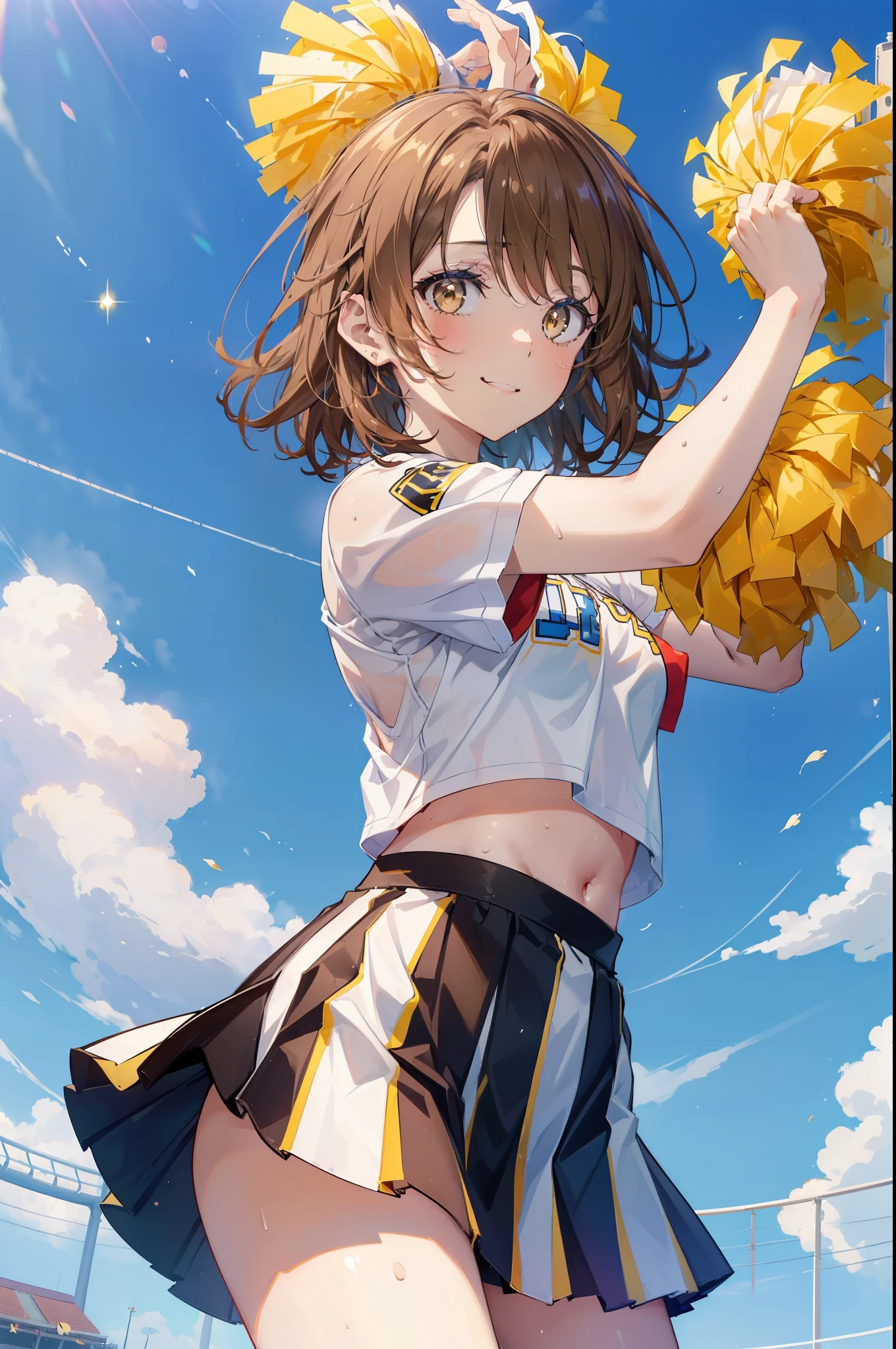 irohaisshiki, iroha isshiki, short hair, brown hair, (brown eyes:1.5), smile,happy smile, smile, open your mouth,(cheer leading), (whole body), big breasts, lower, (sweaty), sweaty Wet Clothes, (yellow clothes),Yellow pleated skirt,sneakers , Navel support, playground, (jump), (jump), 足を曲げてjumpする, air, blue sky, Grass原, smile
チアリーダー, pom pom \(cheer leading\), Grass, smile, 
break outdoors,stadium,
break looking at viewer,(cowboy shot:1.5),
break (masterpiece:1.2), highest quality, High resolution, unity 8k wallpaper, (figure:0.8), (detailed and beautiful eyes:1.6), highly detailed face, perfect lighting, Very detailed CG, (perfect hands, perfect anatomy),