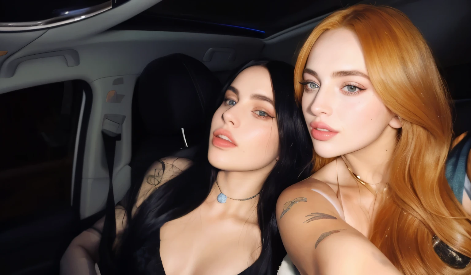 duas mulheres em um carro tirando uma selfie com seus celulares, Bella Thorne e Megan Fox, lana del rey and zoë kravitz, ava max, lady gaga harley rainha, imagem de perfil, 1614572159, imagem de perfil, inspirado em Nan Goldin, Lady Gaga with her Venus hair, beautiful Gemini twins, ayahausca