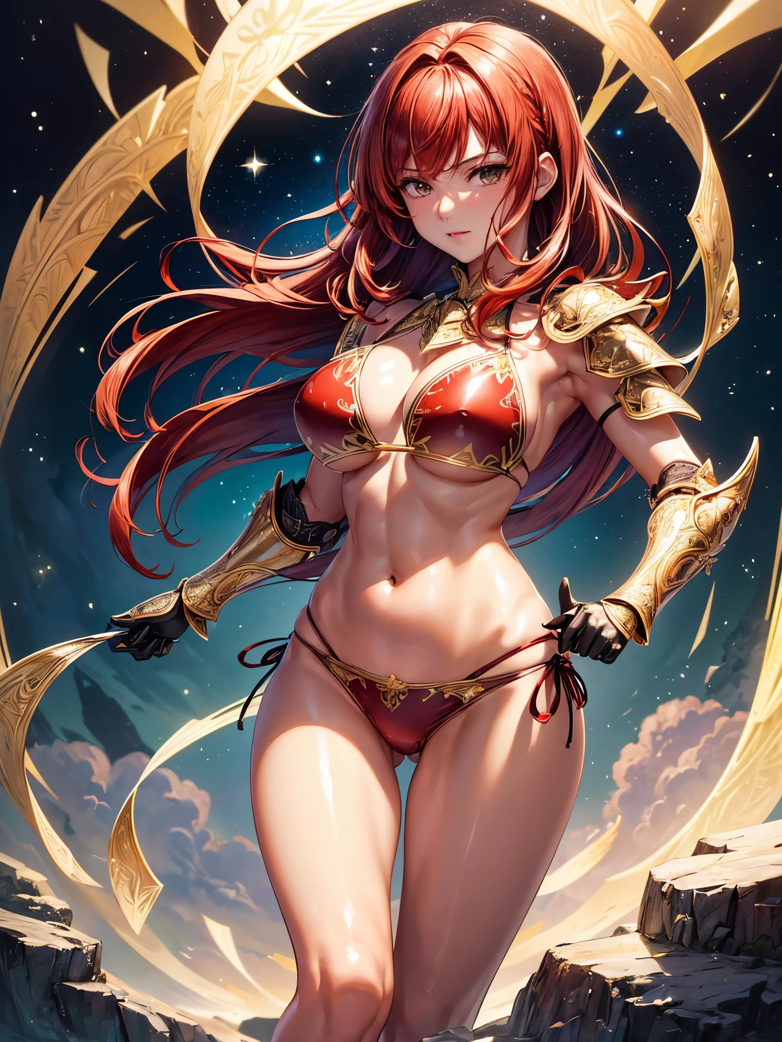 ((highest quality)),(ultra high resolution),(Super detailed),(detailed description),((best CG)),(best work of art),super precision art,amazing drawing art,(Art with precise details:1.5), (Woman in shiny bikini armor:1.7),(Intricately detailed reliefs:1.3),(Shiny light red hair:1.5),Bare hands:1.6,action pose:1.5,dynamic action:1.3, Constellations shining in the night sky:1.3,milky way:1.2