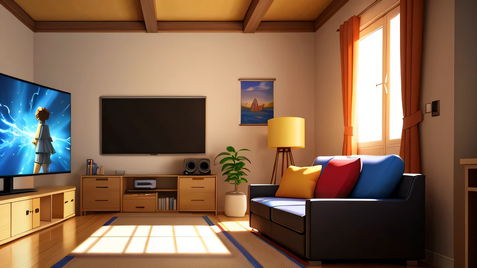 background, drawing, in this anime-style living room, warm and bright ambiance, accentuated by the presence of a television casting blurred shadows of people, adding a mysterious and intriguing touch, Vibrant colors and abundant brightness bring a welcoming and lively atmosphere to the room, Concept Artistic animation scene, Studio Ghibli style