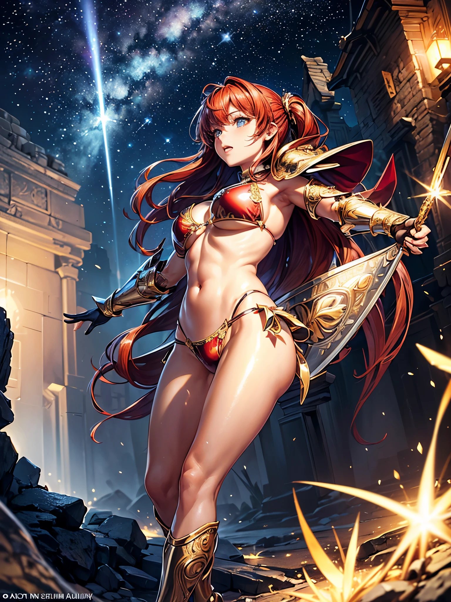 ((highest quality)),(ultra high resolution),(Super detailed),(detailed description),((best CG)),(best work of art),super precision art,amazing drawing art,(Art with precise details:1.5), (Woman in shiny bikini armor:1.7),(Intricately detailed reliefs:1.3),(Shiny light red hair:1.5),Bare hands:1.6,action pose:1.5,dynamic action:1.3, Constellations shining in the night sky:1.3,milky way:1.2, Decaying temples:1.7