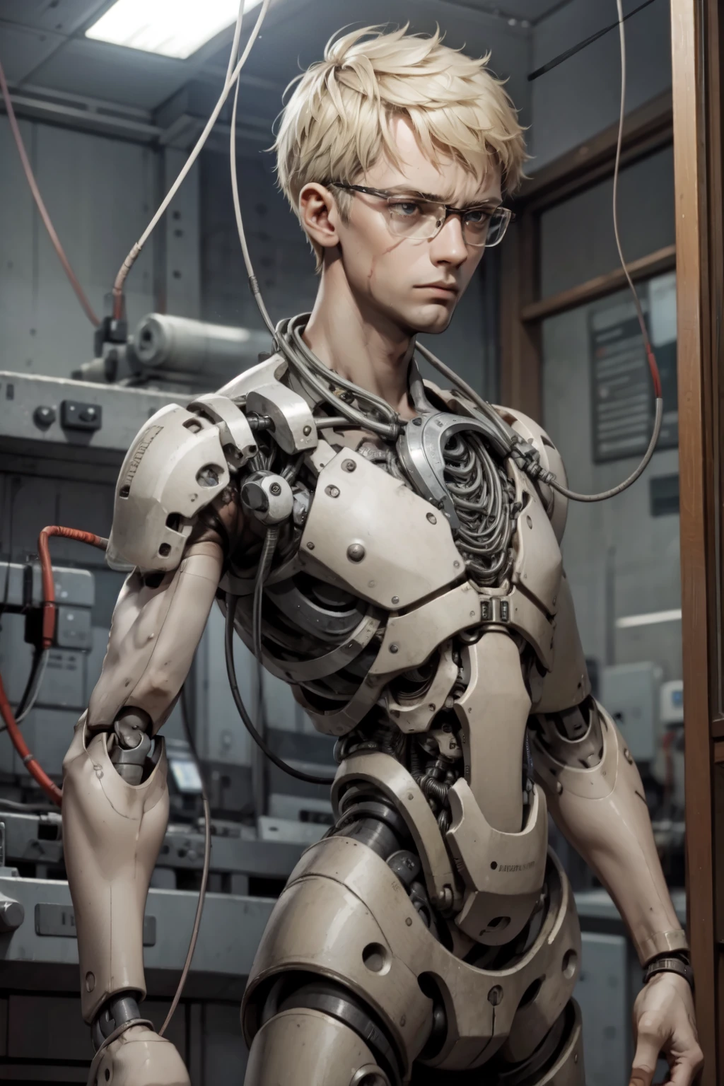 shurik, very young boy, 8k, mfbp1, glasses, thoughtful, (machine made joints:1.4),((mechanical limbs)),(blood vessels connected to tubes),((mechanical vertebra attaching to back)),((mechanical cervial attaching to neck)), expressionless,(wires and cables attaching to head and body:1.5),(character focus),science fiction, looking at the viewer, simple background