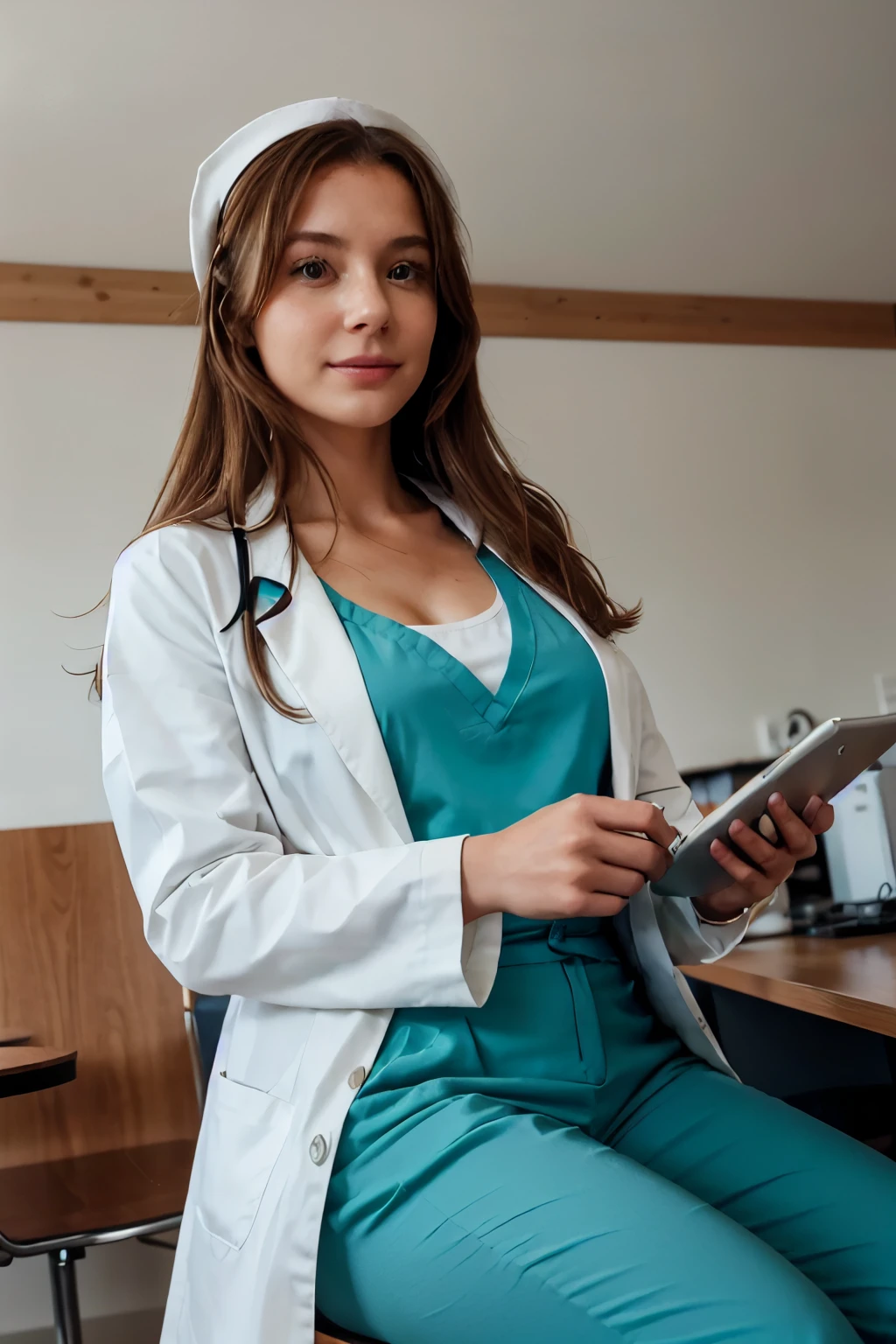 Auf dem Bild sitzt eine junge Frau in einem sauberen, well-lit break room for nurses. Sie hat glatte, braune Haare, that fall loosely over her shoulders. Her face radiates a natural beauty, with gentle facial features and a friendly smile. She is wearing her nurse uniform, consisting of a white coat and blue trousers.
The woman sits relaxed on a chair and holds a cup of coffee or tea in her hand. Neben ihr liegt eine Zeitschrift oder ein Tablet, das sie in ihrer Pause liest. In the background you can see medical equipment such as a blood pressure monitor and a stethoscope, die auf einem Tisch liegen.
The light in the room is bright and natural, which creates a calm and relaxed atmosphere. The woman seems to enjoy a moment of peace, before she returns to work. she is wearing green kimono