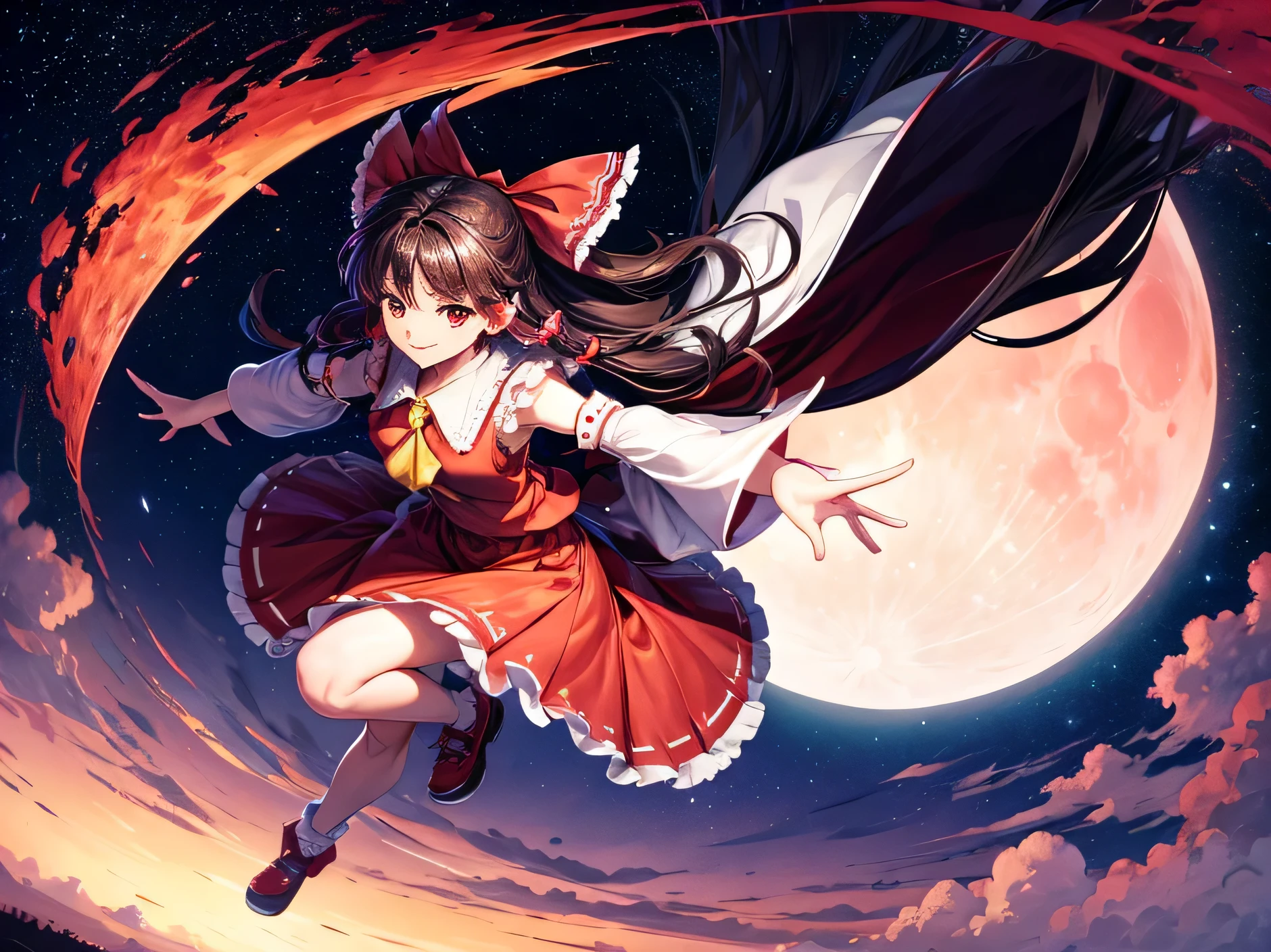 A stylish and elegant Reimu Hakurei flying in front of a Giant Full moon, high quality, 4k quality, strong colours, starry sky, beautiful landscape