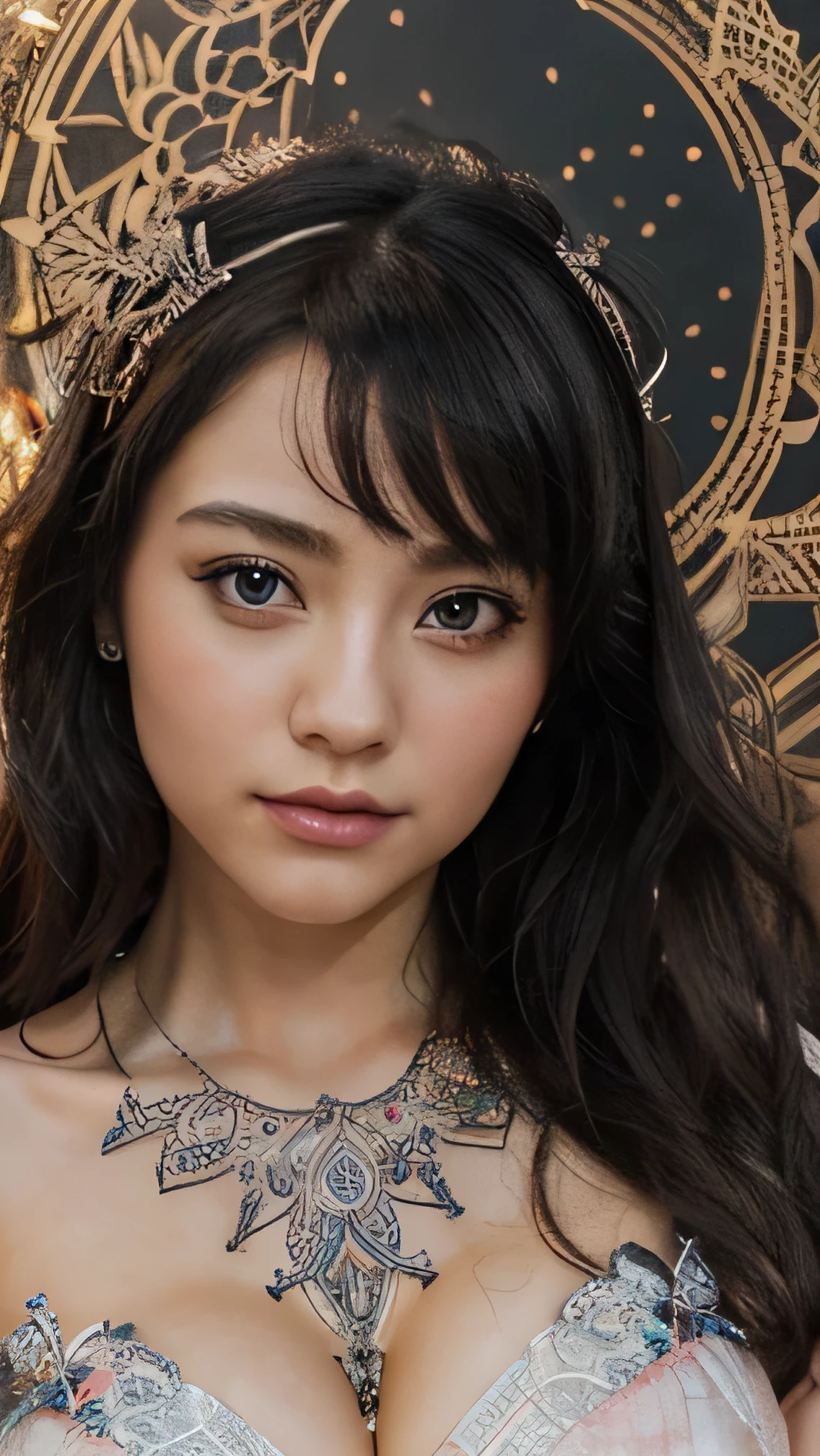 (masterpiece, top quality, best quality, official art, beautiful and aesthetic:1.2), (1girl, ), extreme detailed,colorful,highest detailed, official art, unity 8k wallpaper, ultra detailed, beautiful and aesthetic, beautiful, masterpiece, best quality, (zentangle, mandala, tangle, entangle) ,holy light,white foil,silver leaf art,glitter drawing, PerfectNwsjMajic,moametal,moakikuchi, big breast