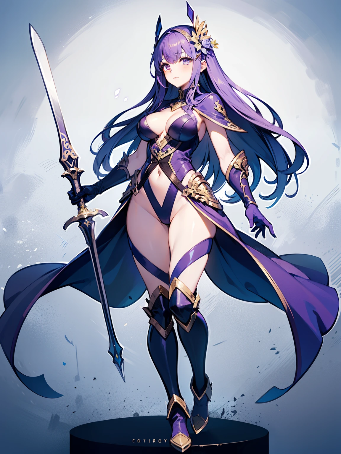 1girl, solo, solo focus, tall figure, (long hair, purple hair). She wears a white leotard, combined with black line elements. She wears a white hair ornament and carries an extremely large golden sword. bare legs, white boots, full body, medium breasts, holding weapon, holding sword, blue flashes of light