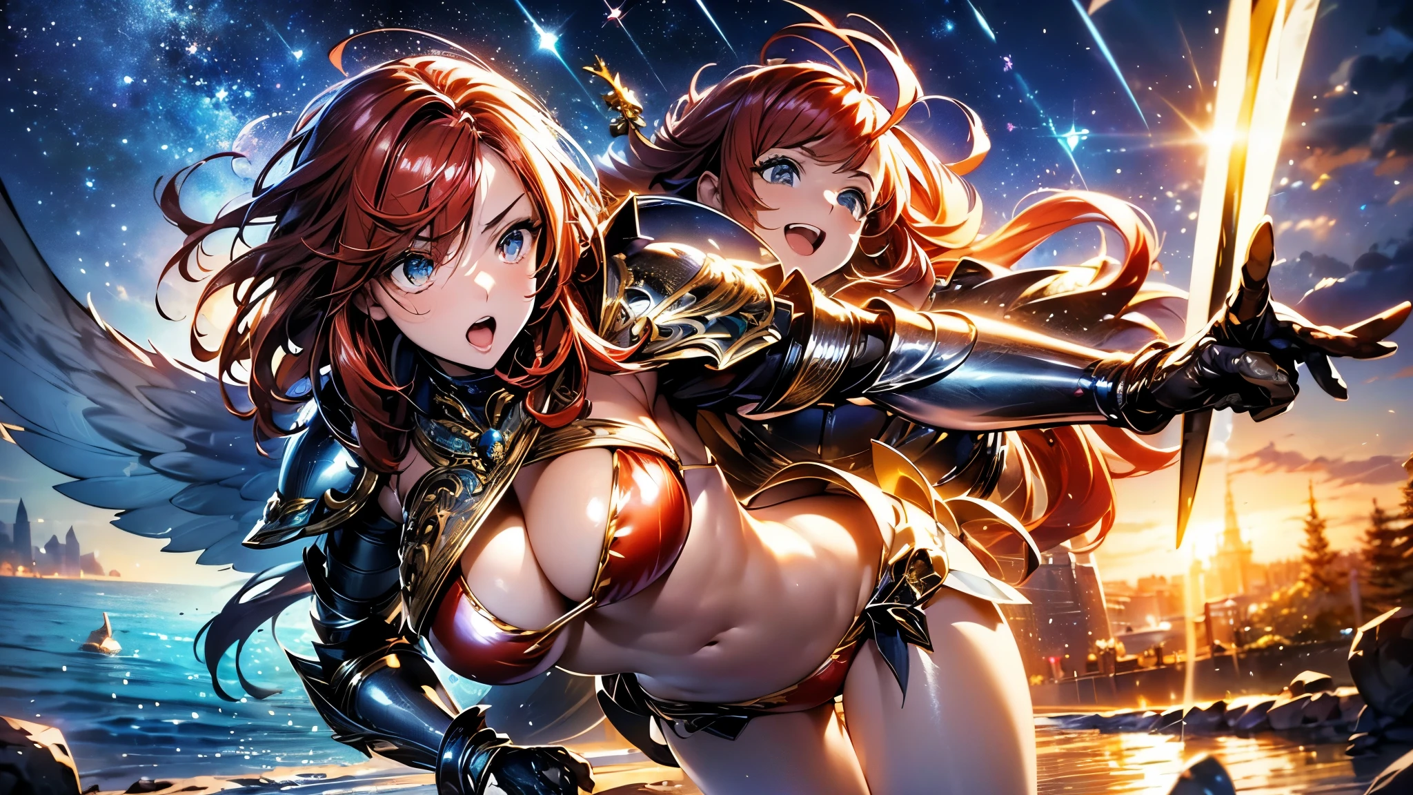 ((highest quality)),(ultra high resolution),(Super detailed),(detailed description),((best CG)),(best work of art),super precision art,amazing drawing art,(Art with precise details:1.5), (Woman in shiny bikini armor:1.7),(Intricately detailed reliefs:1.3),(Shiny light red hair:1.5),Bare hands:1.6,action pose:1.5,dynamic action:1.3,confident look:1.3, Constellations shining in the night sky:1.3,milky way:1.2, Decaying temples:1.7