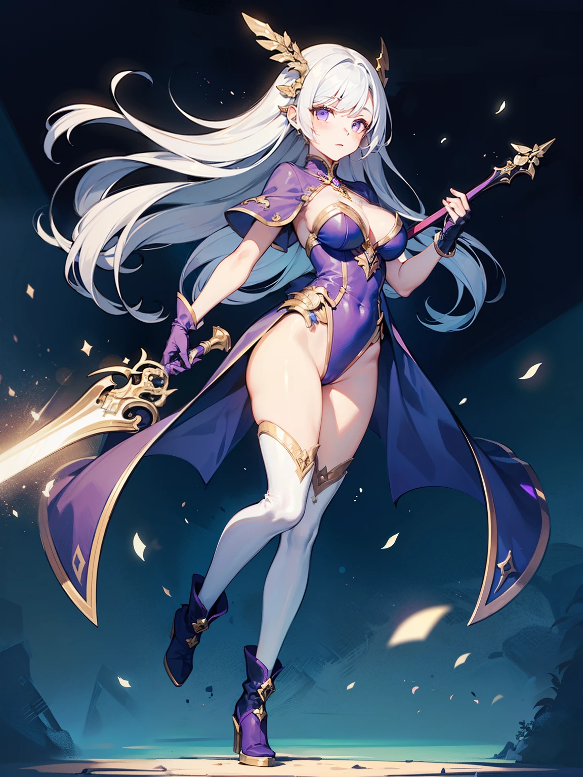 1girl, solo, solo focus, tall figure, (long hair, purple hair). She wears a white leotard, combined with black line elements. She wears a white hair ornament and carries an extremely large golden sword. bare legs, white boots, full body, medium breasts, holding weapon, holding sword, blue flashes of light