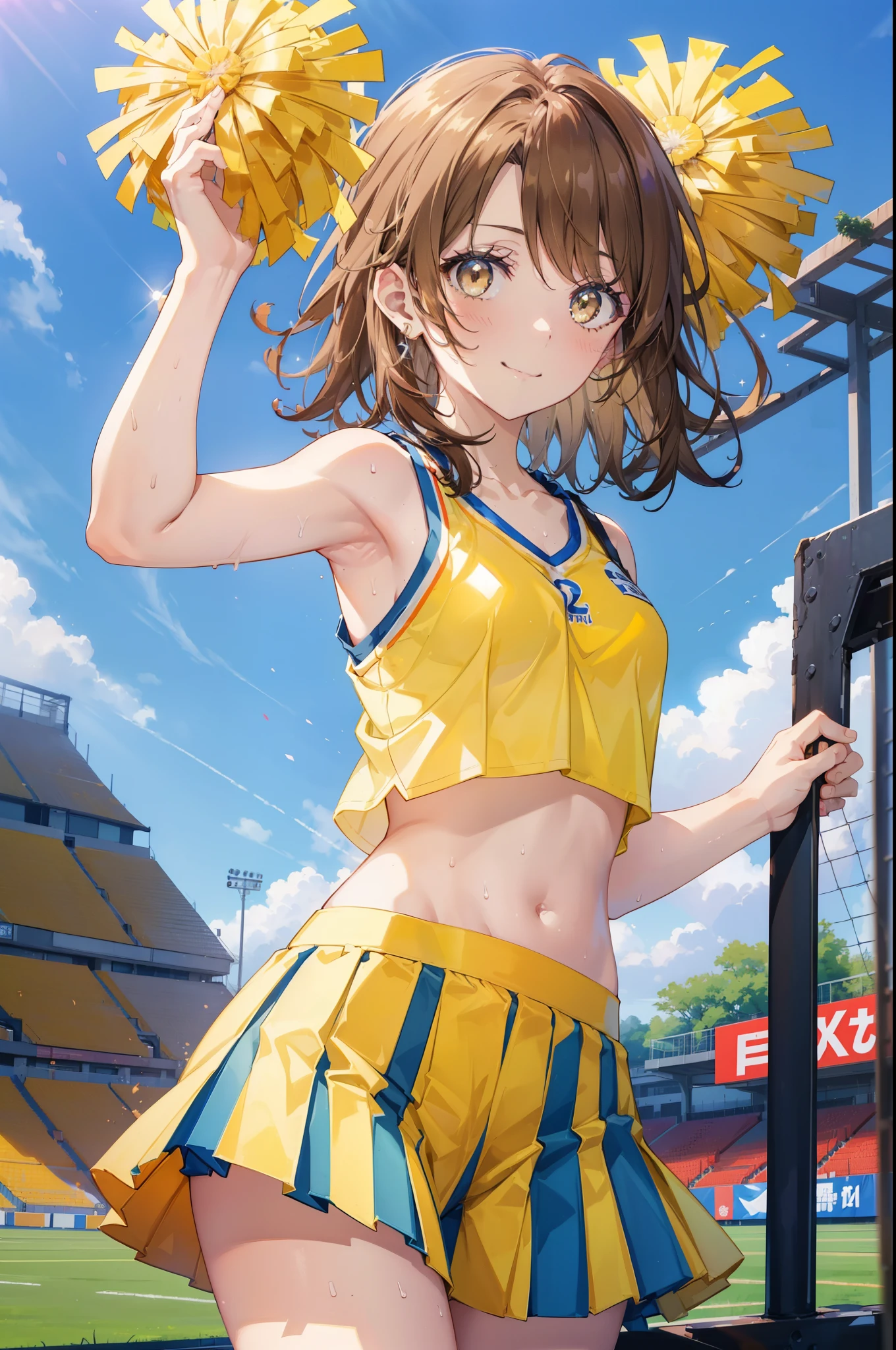 irohaisshiki, iroha isshiki, short hair, brown hair, (brown eyes:1.5), smile,happy smile, smile, open your mouth,(cheer leading), (whole body), medium chest, (sweaty), sweaty Wet Clothes, (yellow clothes),Yellow pleated skirt,sneakers , Navel support, playground, (jump), (jump), 足を曲げてjumpする, air, blue sky, Grass原, smile
チアリーダー, pom pom \(cheer leading\), Grass, smile,
break outdoors,stadium,
break looking at viewer,(cowboy shot:1.5),
break (masterpiece:1.2), highest quality, High resolution, unity 8k wallpaper, (figure:0.8), (detailed and beautiful eyes:1.6), highly detailed face, perfect lighting, Very detailed CG, (perfect hands, perfect anatomy),