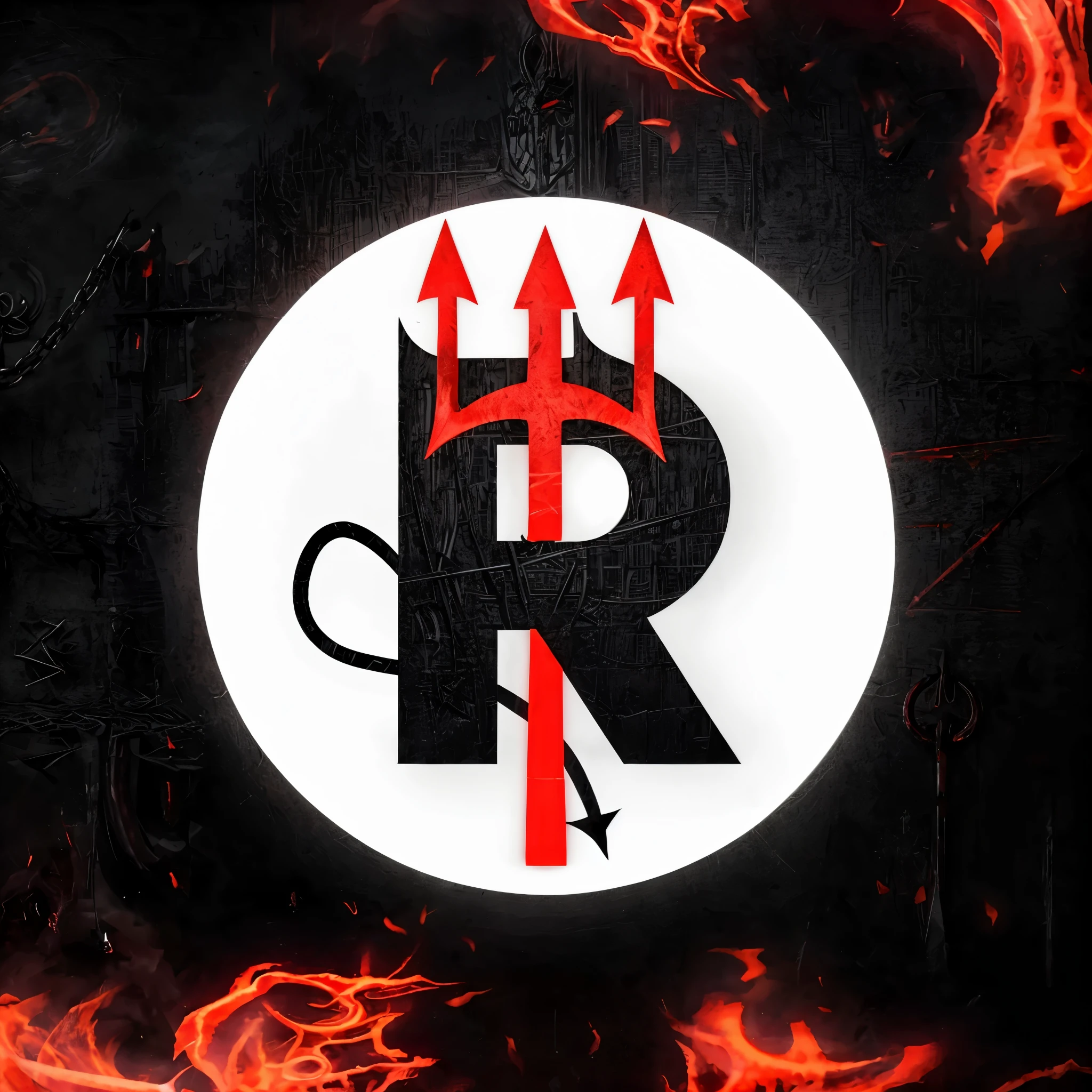 On the white circle is a white letter "R" with two small demonic horns on top of the letter, a devil's tail on the side, and a red devil's trident with three forks running through the letter. Black background.