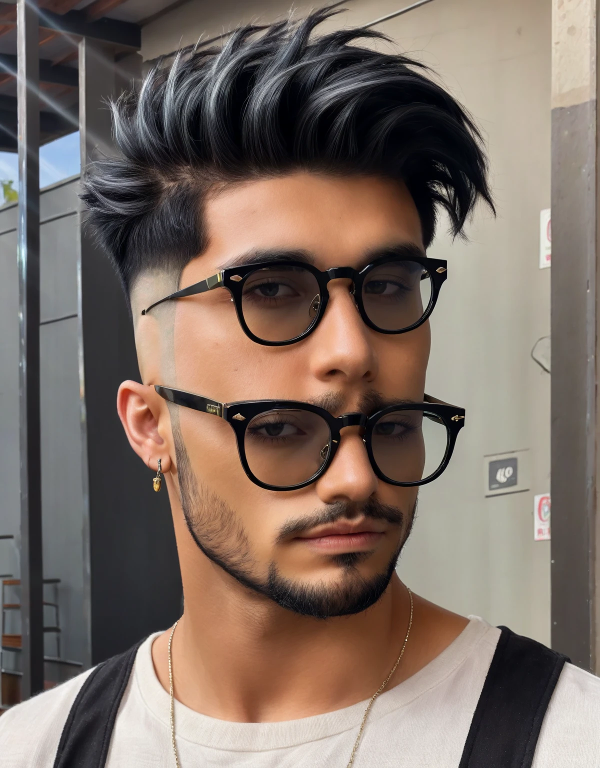 Black shaggy undercut hair, glasses, stud earrings, vintage, men, 8k, masterpiece, best quality, excellent detail) , (high saturation, best shadows, best light, extremely delicate bleaching) dark style