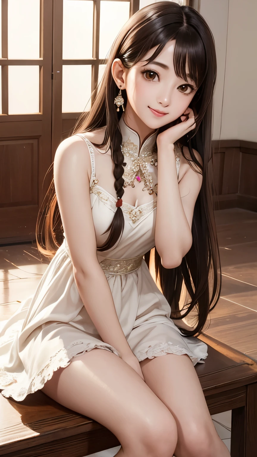an unparalleled masterpiece、Ultra-realistic 8k CG、perfect artwork、wallpaper、1 girl girl beautiful girl、alone、chai pao、beautiful face、
hair ornaments、looking at the viewer、put a smile on your face、closed your mouth、chai pao、dress、hair ornaments、Headless、jewelry、earrings、Chinese service、brown long hair