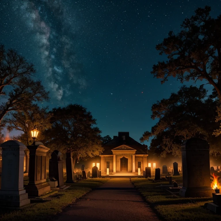 Lafayette cemetery background with at night with magical fire symbols and colorful lights