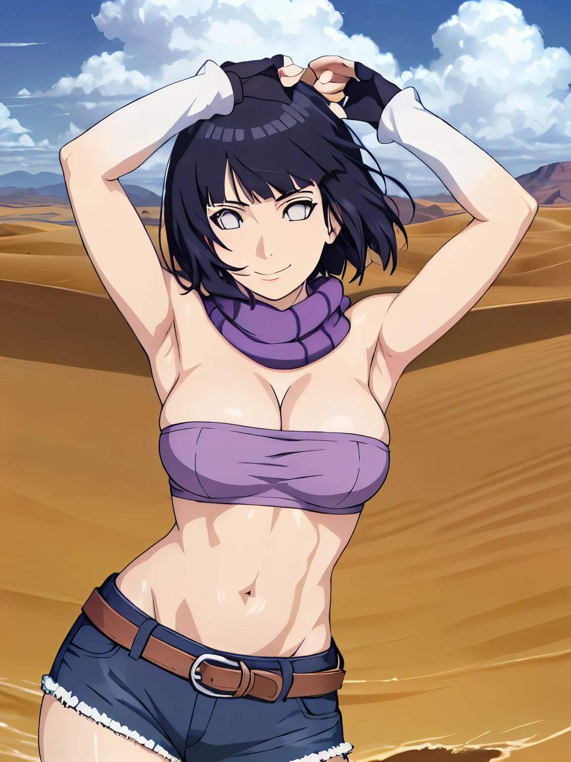 (hinata\(boruto\), (high quality, anime, tall), ((mini purple Bandeau top, mini purple Bandeau top)), ((fingerless gloves, blue shorts with belt, black scarf)), (stretching, both arms up high, (both armpits in full glory, armpit lines),  curvy body, extremely slim waist, off-shoulders, big breasts, cleavage, groin lines, little biceps, smile, closed mouth), (posing in photoshoot), pale skin, ((floating hair, dark blue, short hair, hime cut، loose hair), (location: very hot desert)
