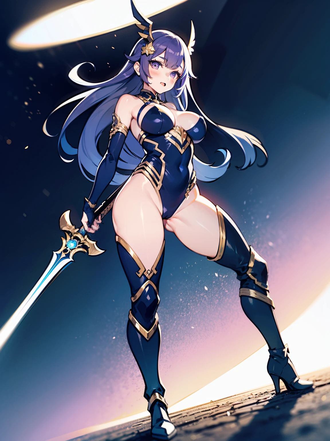1girl, solo, solo focus, tall figure, (long hair, purple hair). She wears a white leotard, combined with black line elements. She wears a white hair ornament and carries an extremely large golden sword. bare legs, white boots, full body, medium breasts, holding weapon, holding sword, blue flashes of light