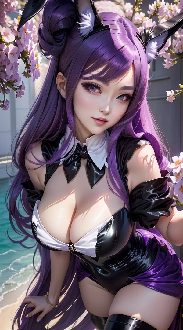 purple haired woman in bunny ears and black dress posing for a picture, anime girl cosplay, shalltear from overlord, professional cosplay, anime cosplay, glamourous cosplay, cosplay, elegant glamourous cosplay, marin kitagawa fanart, maya fey from ace attorney, cosplay photo, ahegao, violet and black, black and violet costume, anime girl in real life