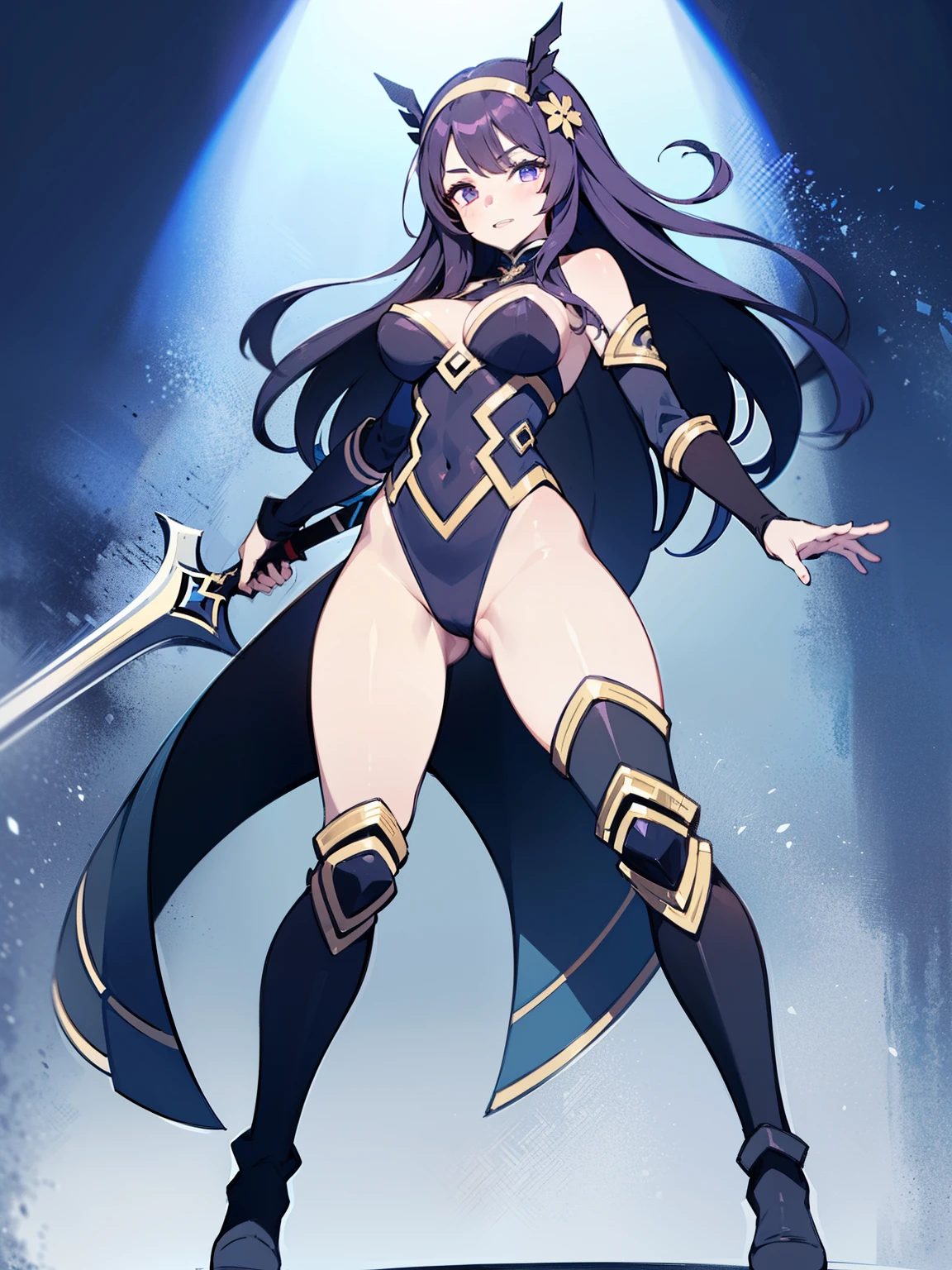 1girl, solo, solo focus, tall figure, (long hair, purple hair). She wears a white leotard, combined with black line elements. She wears a white hair ornament and carries an extremely large golden sword. bare legs, white boots, full body, medium breasts, holding weapon, holding sword, blue flashes of light