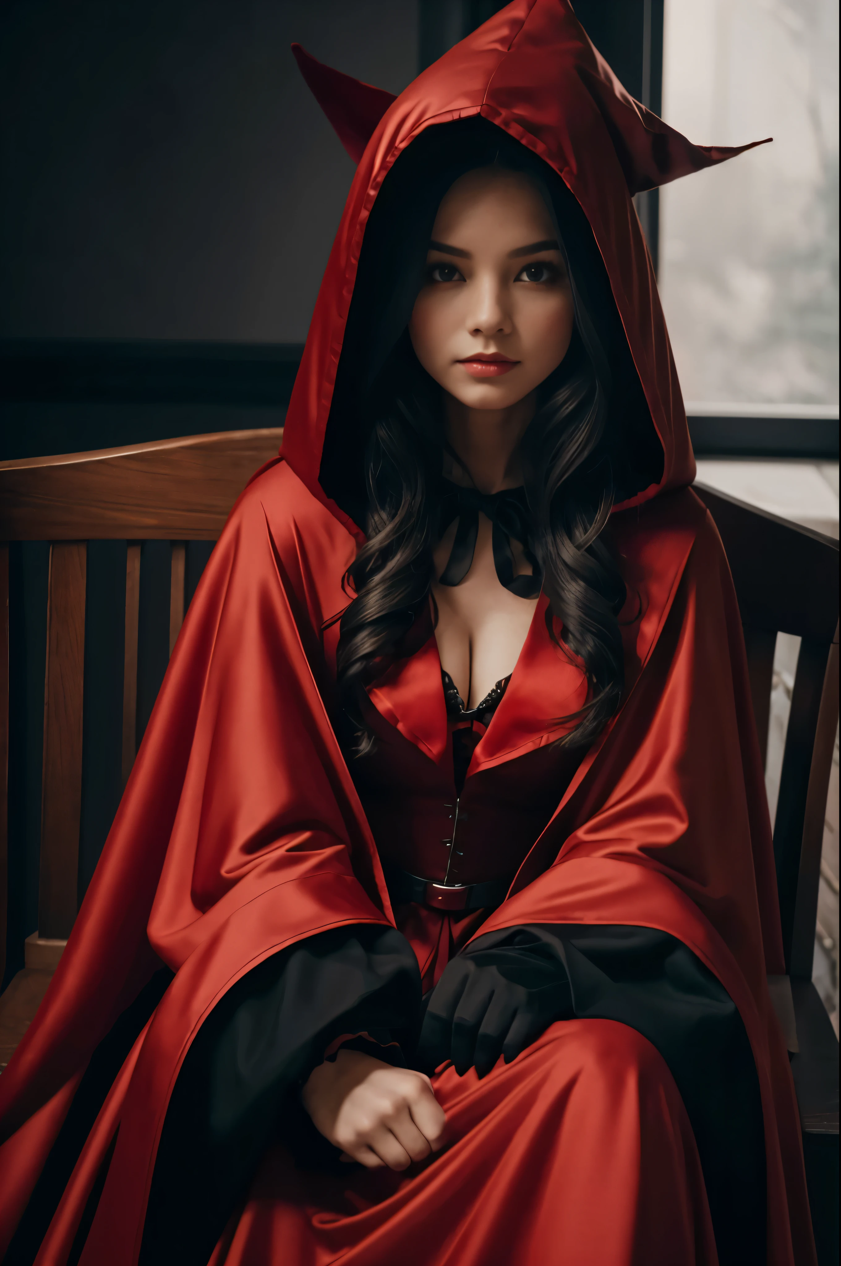 there is a woman sitting on a chair with a red hood on, red riding hood, little red riding hood, dressed in a beautiful red cloak, thief red riding hood, in red and black, portrait shot, wearing a red outfit, wearing red clothes, red dress and magic witch hat, grayscale phtoto with red dress, red and black cape and hoodie