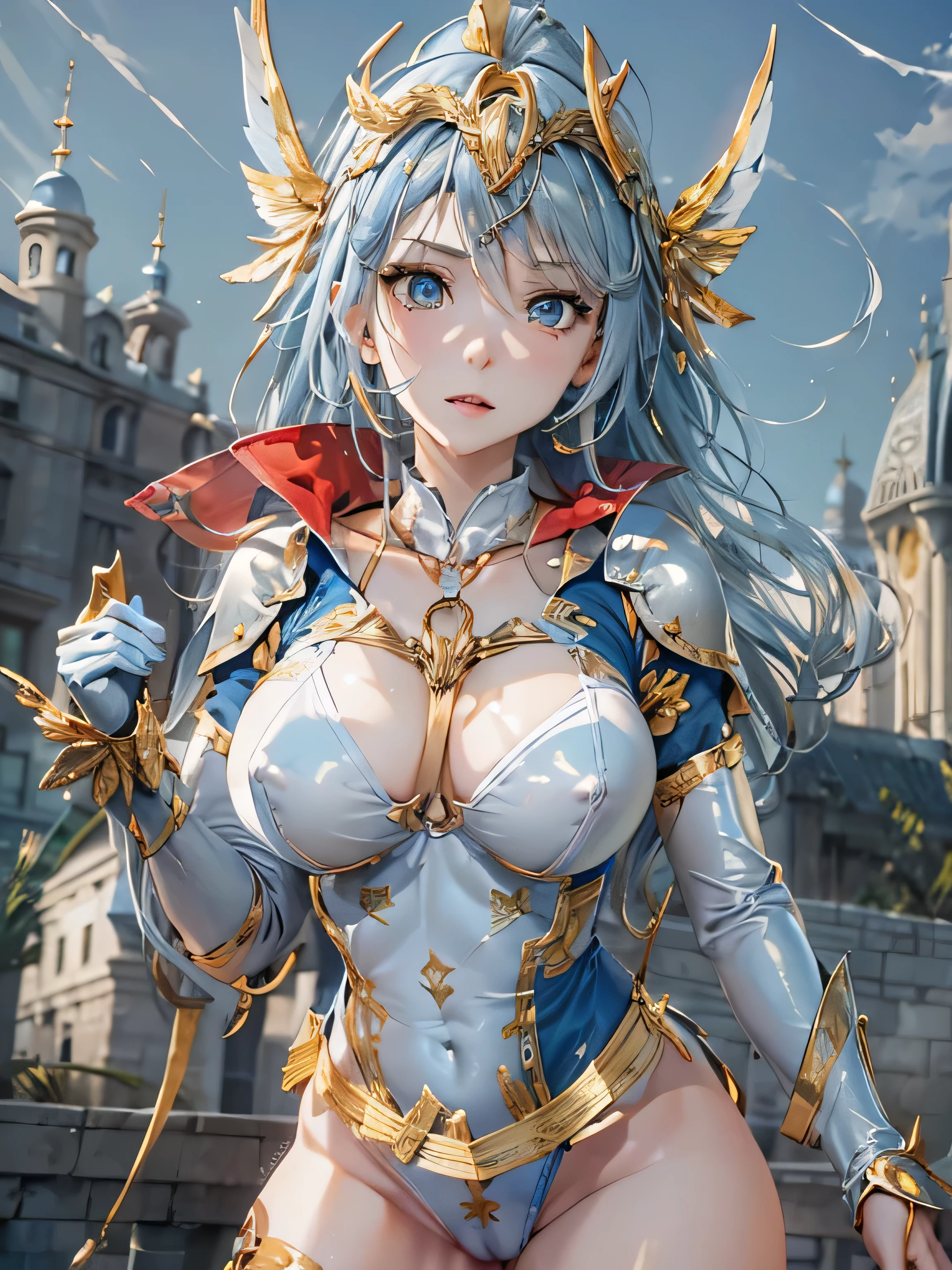 (photorealistic:1.8, highest quality:1.8,8K masterpiece:1.8,High resolution,muste piece:1.8,RAW Photos,cinematic lighting),No split screen,medieval fantasy、burning castle、
 (1 Valkyrie:1.3)、((Completely naked、combat hair ornament、red leotard、bondage、choker、knee high tights、beautiful butt,beautiful thighs,plump nipples,Nipples are visible through the costume,cameltoe,slender abs:1.2),beautiful and detailed eyes:1.7,beautiful skin:1.8, 
(Soryu Asuka Langley)(character focus)、Stoic、
Fight monsters with a flaming sword、critical hit、
(midium Hair:1.2, (Beautifully shining vermilion, yellow, blue, white, silver, and gold hair:1.5)