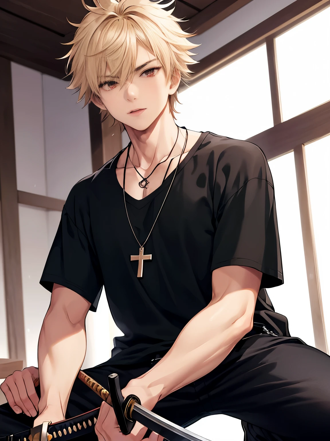 1 boy, guy, handsome, 18 years old, close up photo,squat,Camera angle from below,,Short hair,Holding a katana sword,blonde hair, messy hair, handsome,black t-shirt,Cross necklace,black trousers,red eyes, vampire, ultra detail, ultra HD, masterpiece, best quality
