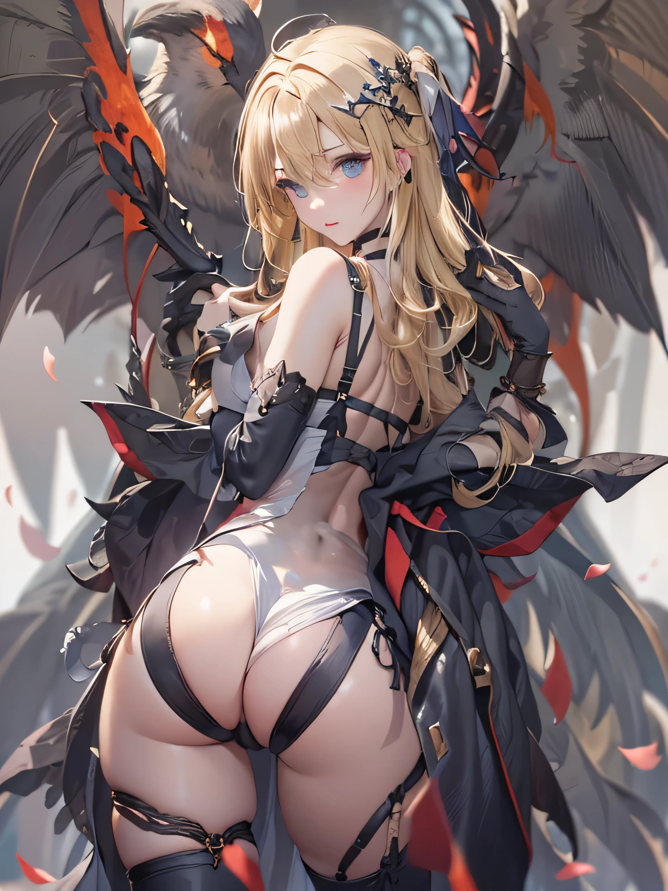 (photorealistic:1.8, highest quality:1.8,8K masterpiece:1.8,High resolution,muste piece:1.8,RAW Photos,cinematic lighting),No split screen,medieval fantasy、burning castle、 (1 Valkyrie:1.3)、((Completely naked、combat hair ornament、red leotard、bondage、choker、knee high tights、beautiful butt,beautiful thighs,plump nipples,Nipples are visible through the costume,cameltoe,slender abs:1.2),beautiful and detailed eyes:1.7,beautiful skin:1.8, (Soryu Asuka Langley)(character focus)、Stoic、 Fight monsters with a flaming sword、critical hit、(midium Hair:1.2,Beautiful, shiny, pale, gray, black, blonde hair:1.5))、(back view、back pose:1.3)、Angle from below