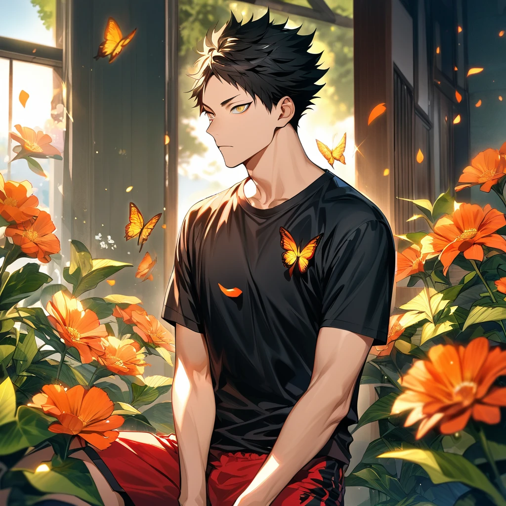 Ultra detailed, highres, absurdres, HDR, Kuroo Tetsurou, black hair, golden eyes, Haikyuu, 1 man only, handsome, black tight t-shirt, summer, red shorts, flowers and petals, green leaves, butterflies
