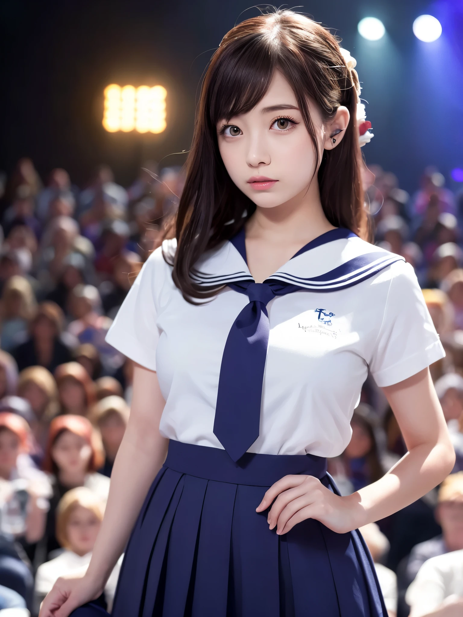 White base with purple-red sailor suit、tulle skirt、23 years old, perform on stage, concert photos, cute core、(((watching the audience)))、23 years old、Mei Nagano、ribbon on head、(自然でdetailed face立ち、beautiful and detailed eyes、beautiful and dense lips、very detailed eyes、detailed face、long eyelashes)(8K resolution)、High resolution、masterpiece:1.2 )、Super detailed、(real、photorealistic、photorealistic: 1.37)、bob hair、belle delphine、dress、8K、fantastic lighting、bright colors、standing position
