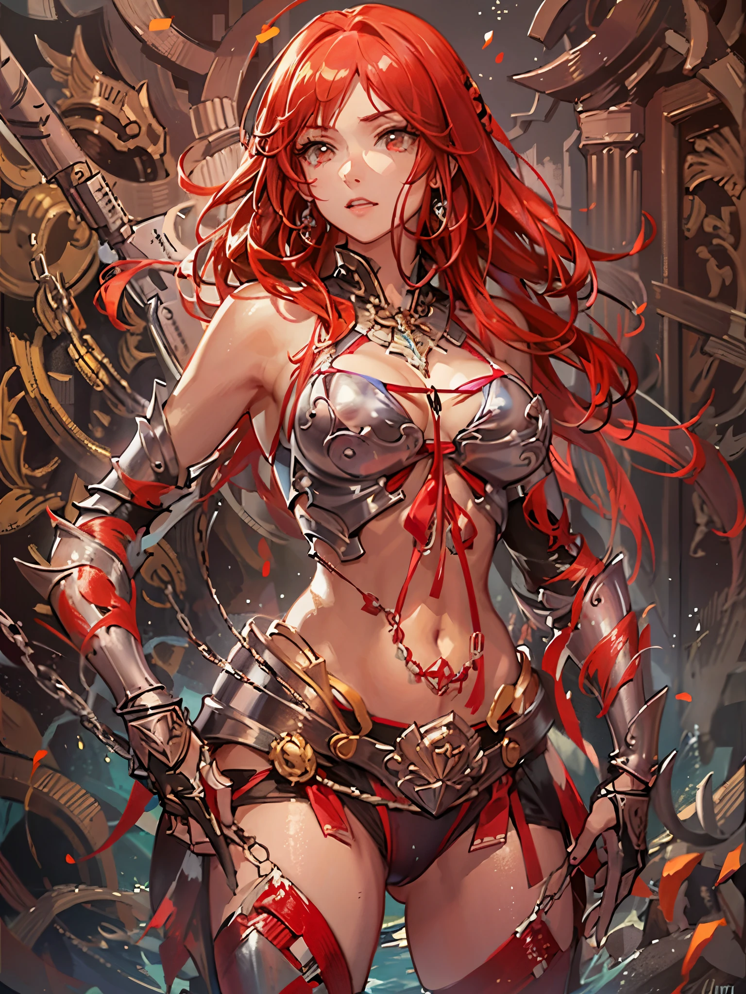 ((highest quality)),(ultra high resolution),(Super detailed),(detailed description),((best CG)),(best work of art),super precision art,amazing drawing art,(Art with precise details:1.5), (Woman in shiny bikini armor:1.7),(Intricately detailed reliefs:1.3),(Shiny light red hair:1.5),Bare hands:1.6,action pose:1.5,dynamic action:1.3,confident look:1.3, Constellations shining in the night sky:1.3,milky way:1.2, Decaying temples:1.7