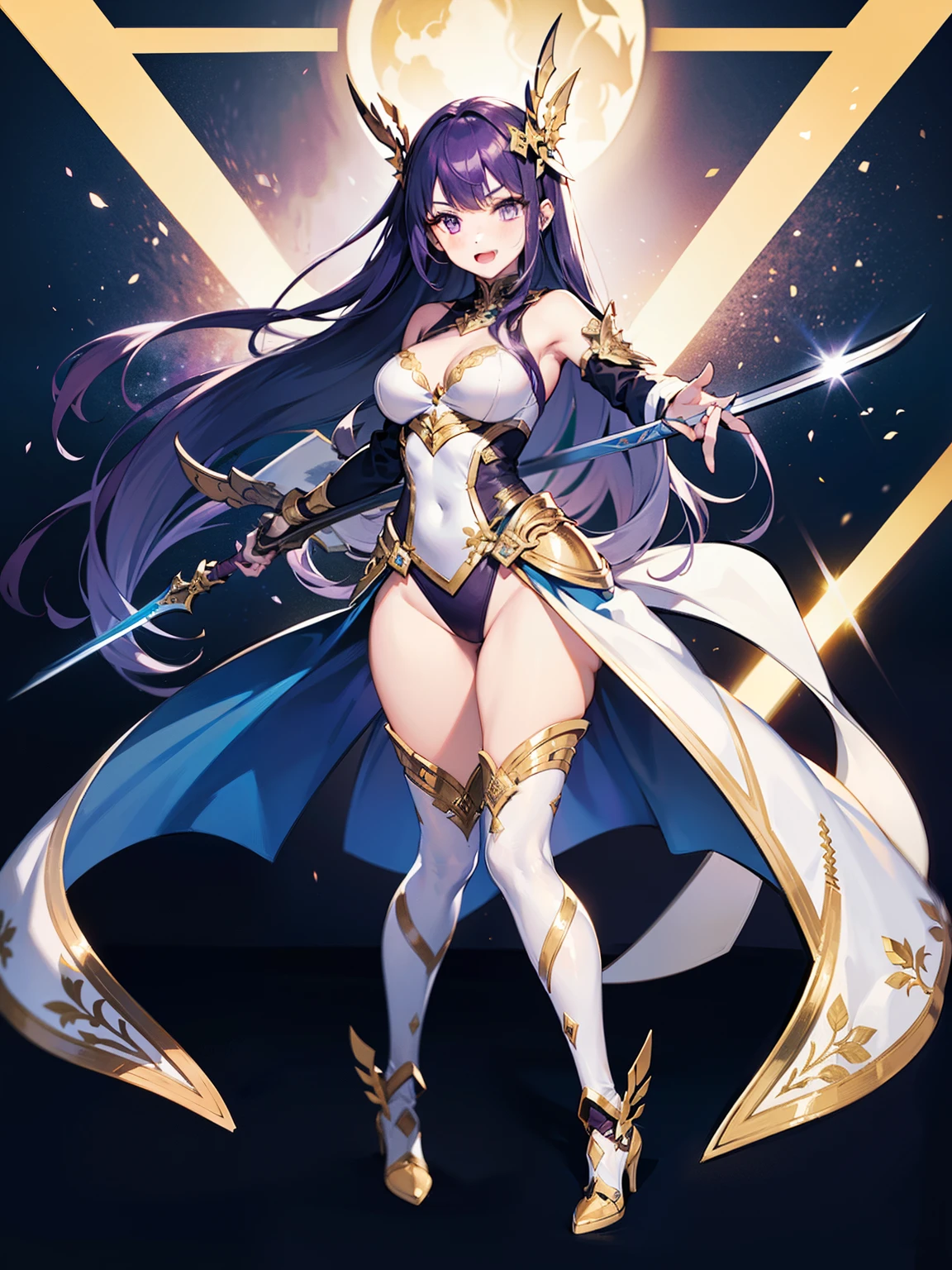 1girl, solo, solo focus, tall figure, (long hair, purple hair). She wears a white leotard, combined with black line elements. She wears a white hair ornament and carries an extremely large golden sword. bare legs, white boots, full body, medium breasts, holding weapon, holding sword, blue flashes of light