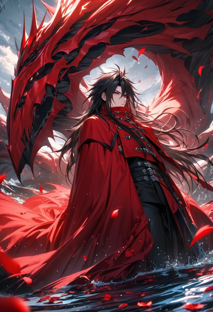 absurdres, highres, ultra detailed, HDR), masterpiece, Vincent Valentine, long black hair, vibrant red eyes, Final fantasy dirge of cerberus, 1man, handsome, red flowers, red petals, water