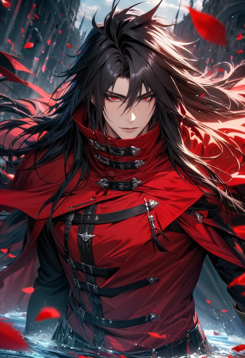 absurdres, highres, ultra detailed, HDR), masterpiece, Vincent Valentine, long black hair, vibrant red eyes, Final fantasy dirge of cerberus, 1man, handsome, red flowers, red petals, water