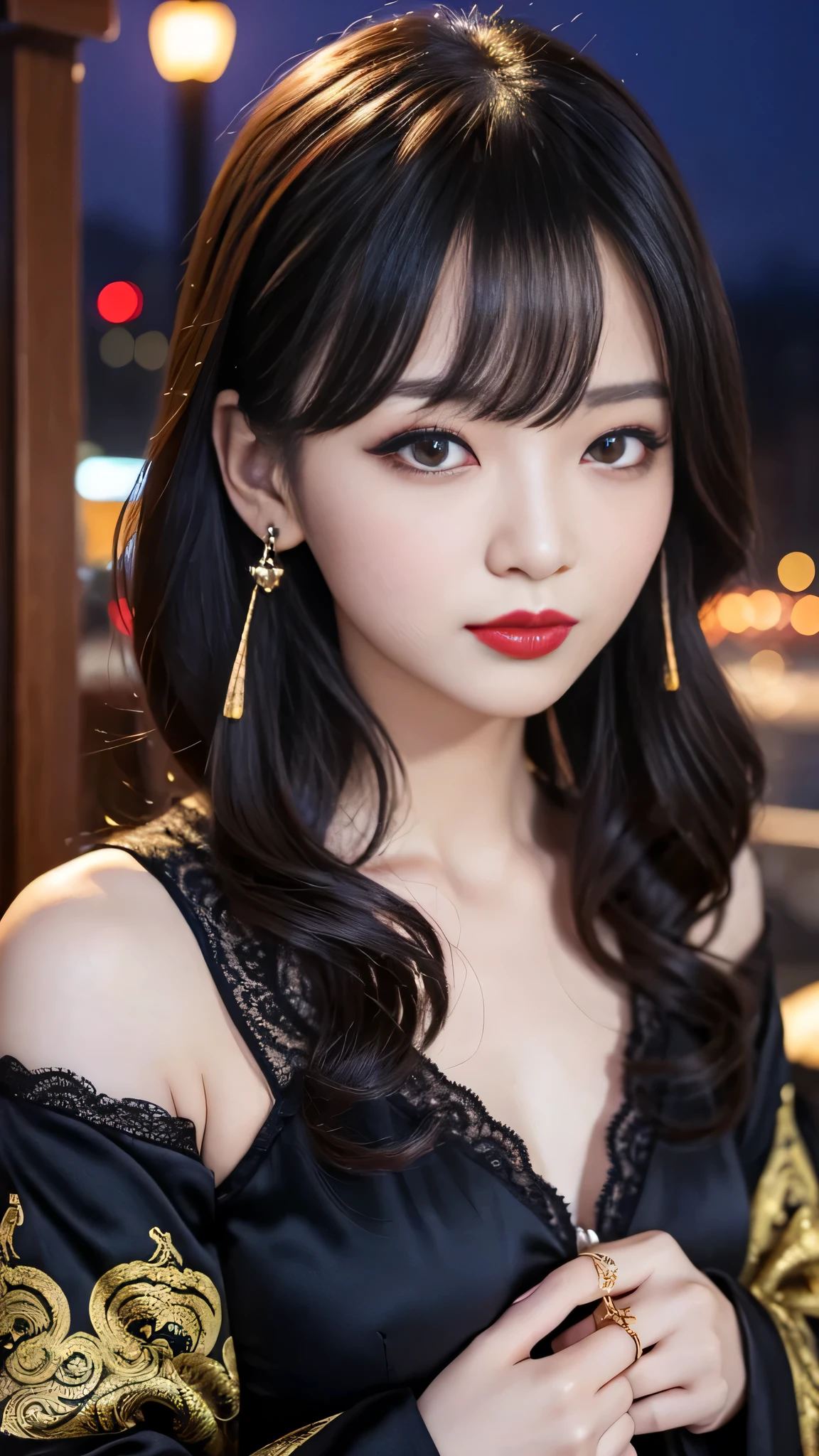 tra-detailed、Japanese、attractive beauty、seductive adult woman、pretty woman、piercing eyes、cool girl、wavy hair、swept bangs、Long Black and Gold Cheongsam、wide sleeves、Evil cadres、evil depravity、brainwash、mind control、lipstick、lip gloss、dark makeup、smirk、whisper in your ear、Evil expression、evil、hollow eyes,half-closed eyes、empty eyes、evil、church at night、vampire、succubus、vampire、Swear allegiance、sexy pose、hair ornaments、