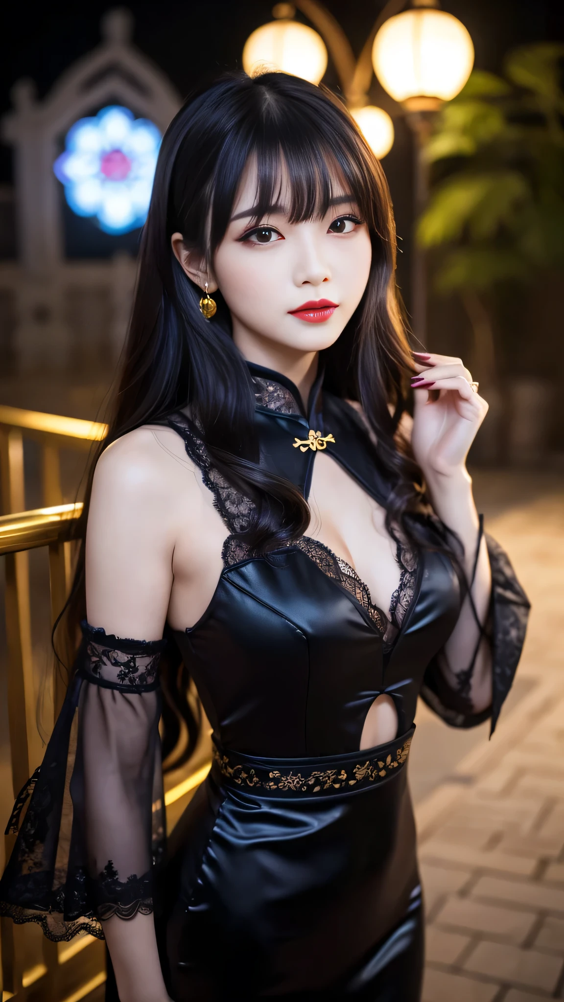 tra-detailed、Japanese、attractive beauty、seductive adult woman、pretty woman、piercing eyes、cool girl、wavy hair、swept bangs、Long Black and Gold Cheongsam、wide sleeves、Evil cadres、evil depravity、brainwash、mind control、lipstick、lip gloss、dark makeup、smirk、whisper in your ear、Evil expression、evil、hollow eyes,half-closed eyes、empty eyes、evil、church at night、vampire、succubus、vampire、Swear allegiance、sexy pose、hair ornaments、