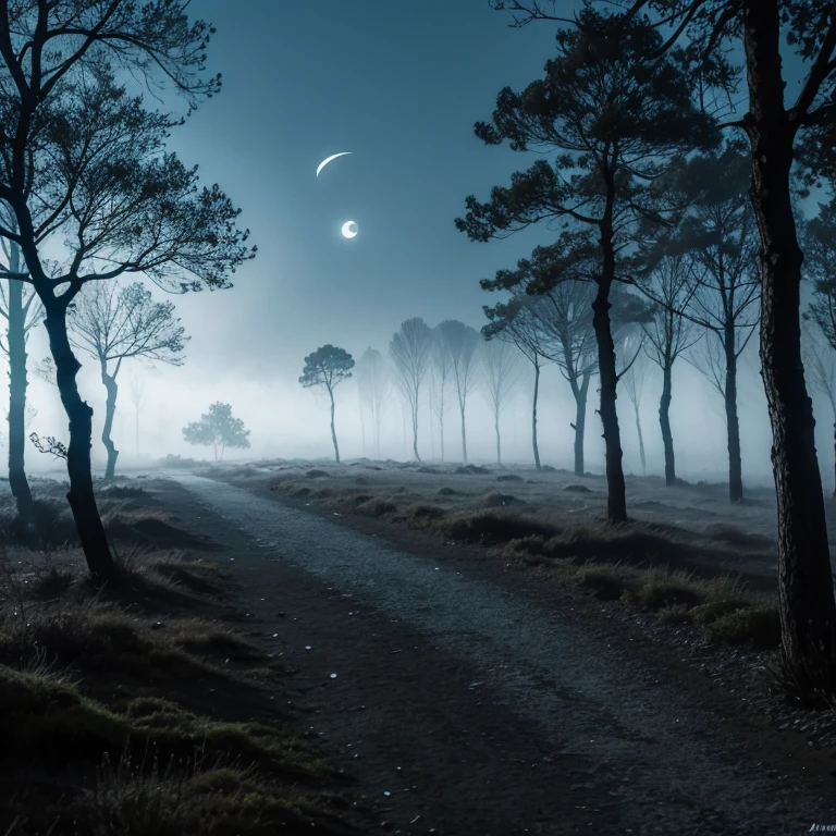 Bosque Con niebla  de luna llena y hojas volando  