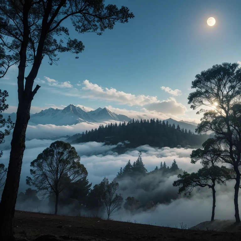 Bosque Con niebla de luna llena y hojas volando