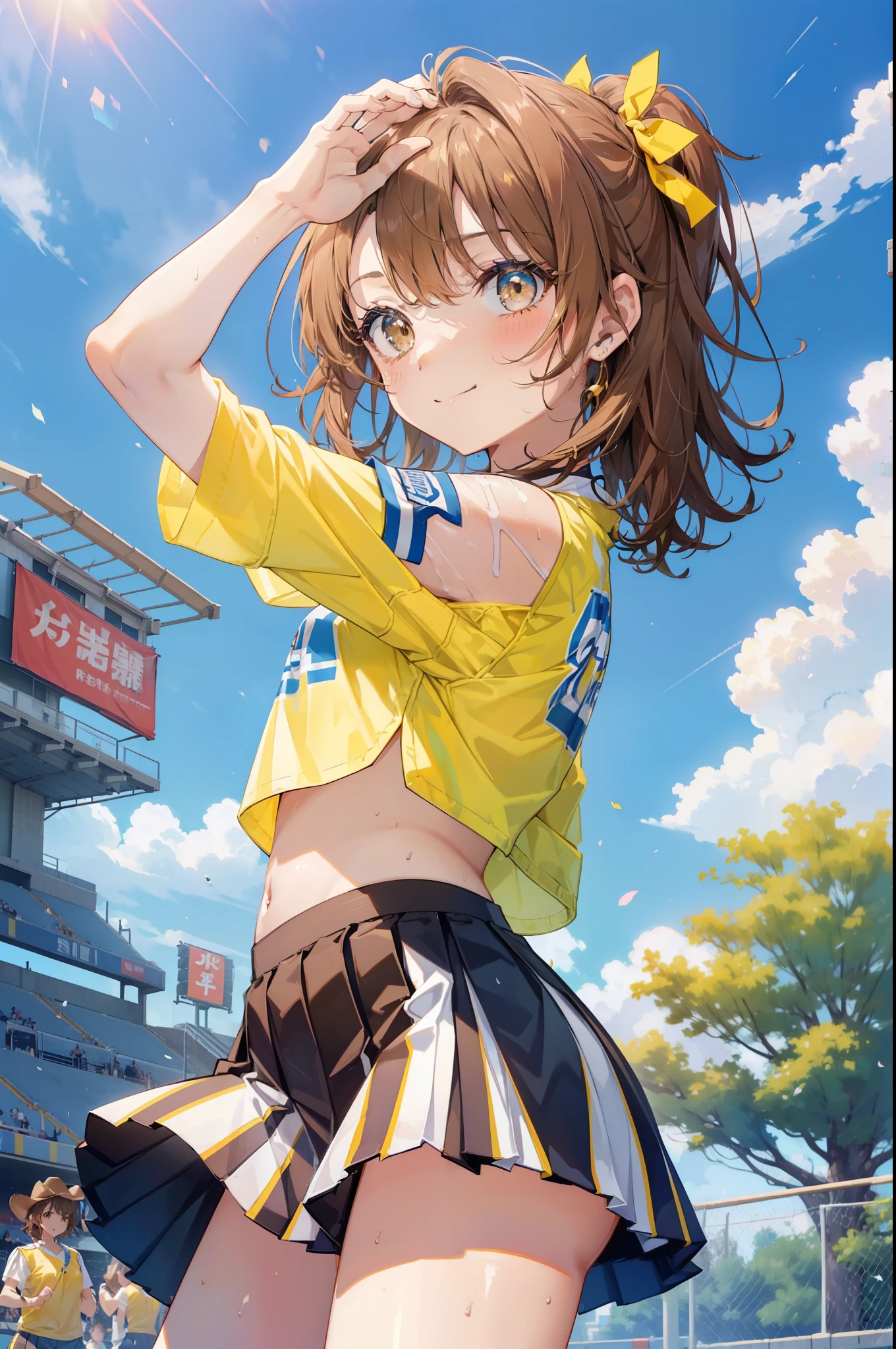 irohaisshiki, iroha isshiki, short hair, brown hair, (brown eyes:1.5), smile,happy smile, smile, open your mouth,(cheer leading), (whole body), medium chest, (sweaty), sweaty Wet Clothes, (yellow clothes),Yellow pleated skirt,sneakers , Navel support, playground, (jump), (jump), 足を曲げてjumpする, air, blue sky, Grass原, smile
チアリーダー, pom pom \(cheer leading\), Grass, smile,
break outdoors,stadium,
break looking at viewer,(cowboy shot:1.5),
break (masterpiece:1.2), highest quality, High resolution, unity 8k wallpaper, (figure:0.8), (detailed and beautiful eyes:1.6), highly detailed face, perfect lighting, Very detailed CG, (perfect hands, perfect anatomy),