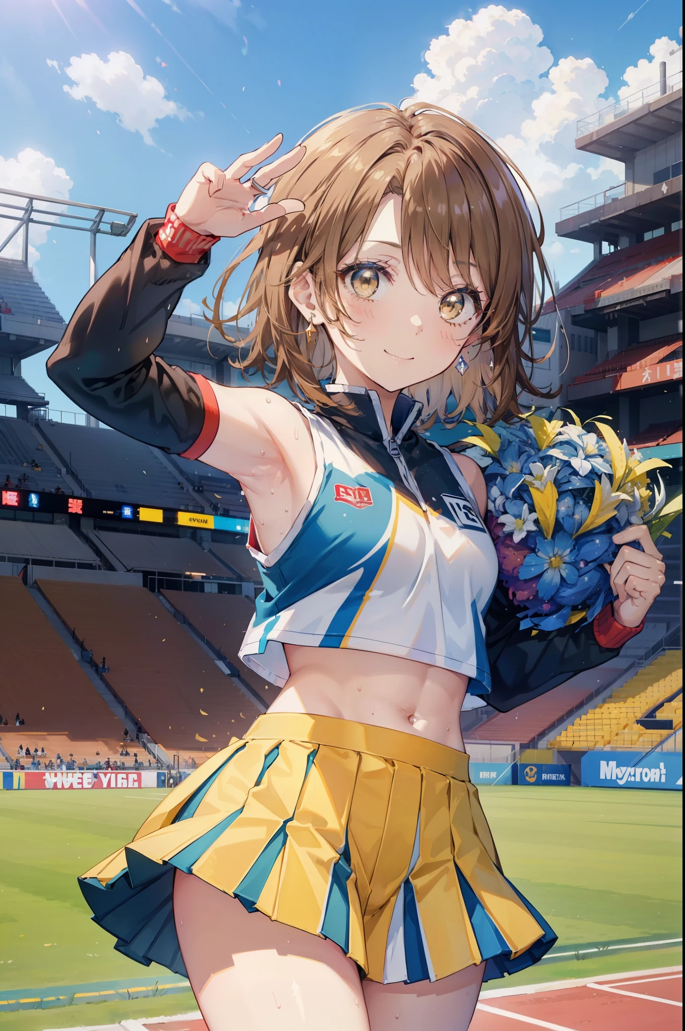 irohaisshiki, iroha isshiki, short hair, brown hair, (brown eyes:1.5), smile,happy smile, smile, open your mouth,(cheer leading), (whole body), medium chest, (sweaty), sweaty Wet Clothes, (yellow clothes),Yellow pleated skirt,sneakers , Navel support, playground, (jump), (jump), 足を曲げてjumpする, air, blue sky, Grass原, smile
チアリーダー, pom pom \(cheer leading\), Grass, smile, 
break outdoors,stadium,
break looking at viewer,(cowboy shot:1.5),
break (masterpiece:1.2), highest quality, High resolution, unity 8k wallpaper, (figure:0.8), (detailed and beautiful eyes:1.6), highly detailed face, perfect lighting, Very detailed CG, (perfect hands, perfect anatomy),