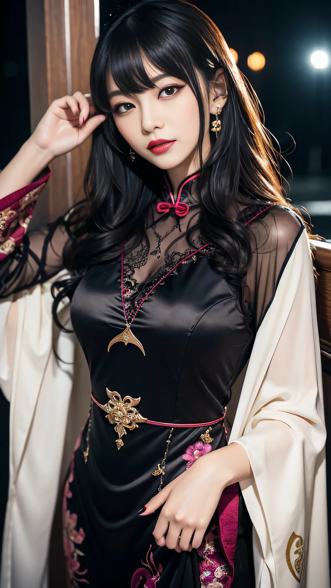 tra-detailed、Japanese、attractive beauty、seductive adult woman、pretty woman、piercing eyes、cool girl、wavy hair、swept bangs、Long Black and Gold Cheongsam、wide sleeves、Evil cadres、evil depravity、brainwash、mind control、lipstick、lip gloss、dark makeup、smirk、whisper in your ear、Evil expression、evil、hollow eyes,half-closed eyes、empty eyes、evil、church at night、vampire、succubus、vampire、Swear allegiance、sexy pose、hair ornaments、
