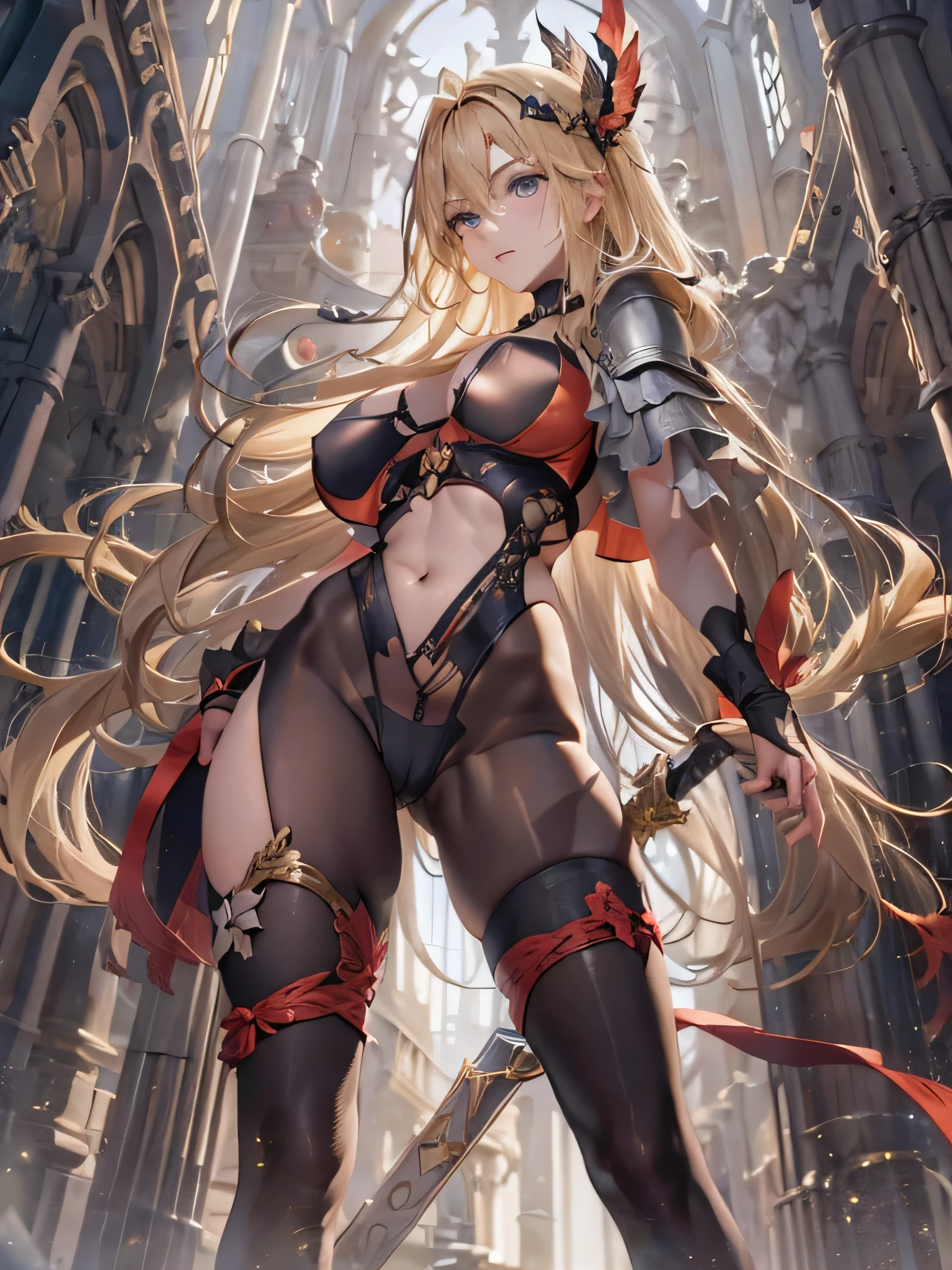 (photorealistic:1.8, highest quality:1.8,8K masterpiece:1.8,High resolution,muste piece:1.8,RAW Photos,cinematic lighting),No split screen,medieval fantasy、burning castle、 (1 Valkyrie:1.3)、((Completely naked、combat hair ornament、red leotard、bondage、choker、knee high tights、beautiful butt,beautiful thighs,plump nipples,Nipples are visible through the costume,cameltoe,slender abs:1.2),beautiful and detailed eyes:1.7,beautiful skin:1.8, (Soryu Asuka Langley)(character focus)、Stoic、 Fight monsters with a flaming sword、critical hit、(midium Hair:1.2,Beautiful, shiny, pale, gray, black, blonde hair:1.5))、(back view、back pose:1.3)、Angle from below