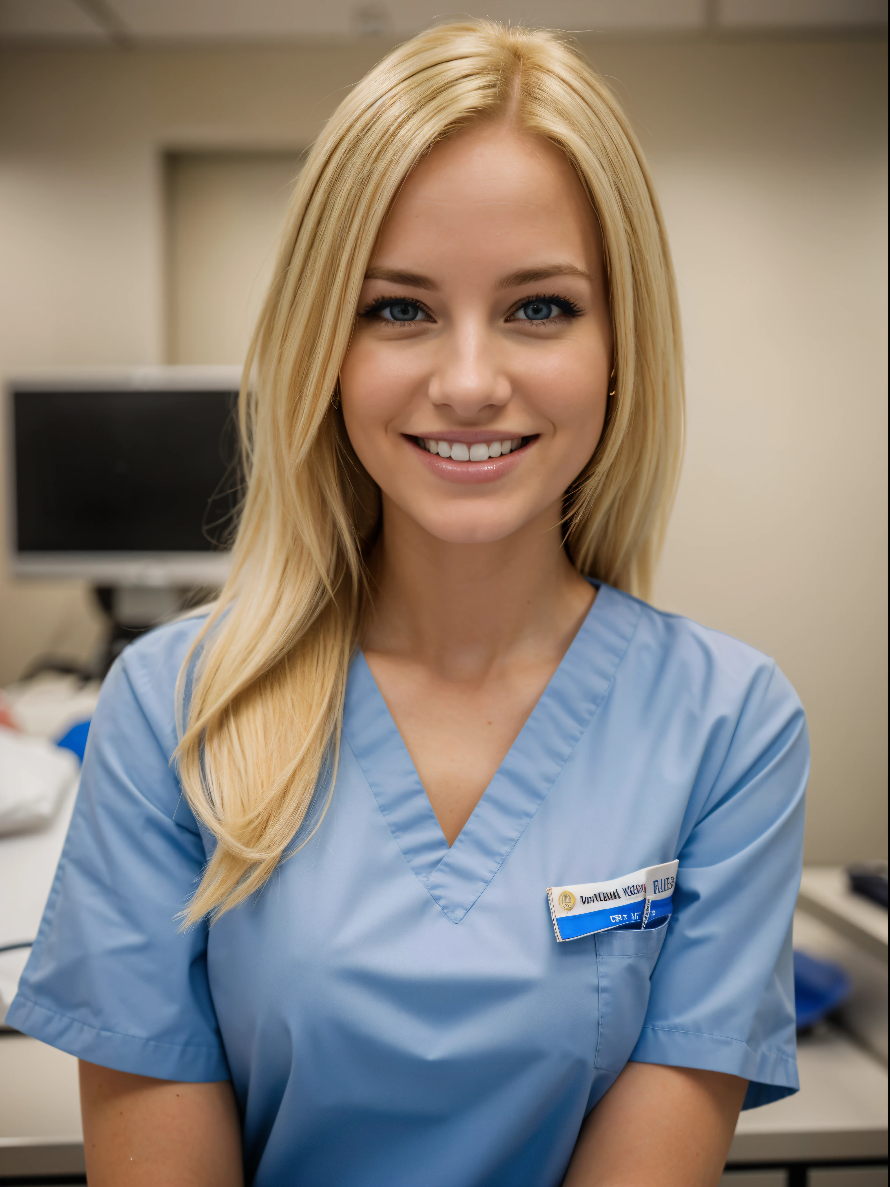 (Melhor qualidade,8k,ultra high resolution:1.2),(mulher americana, cabelo loiro),(olhando para o espectador),(Sorriso),(cabelo crespo),(enfermeira esfrega),(no Hospital),(SFW)