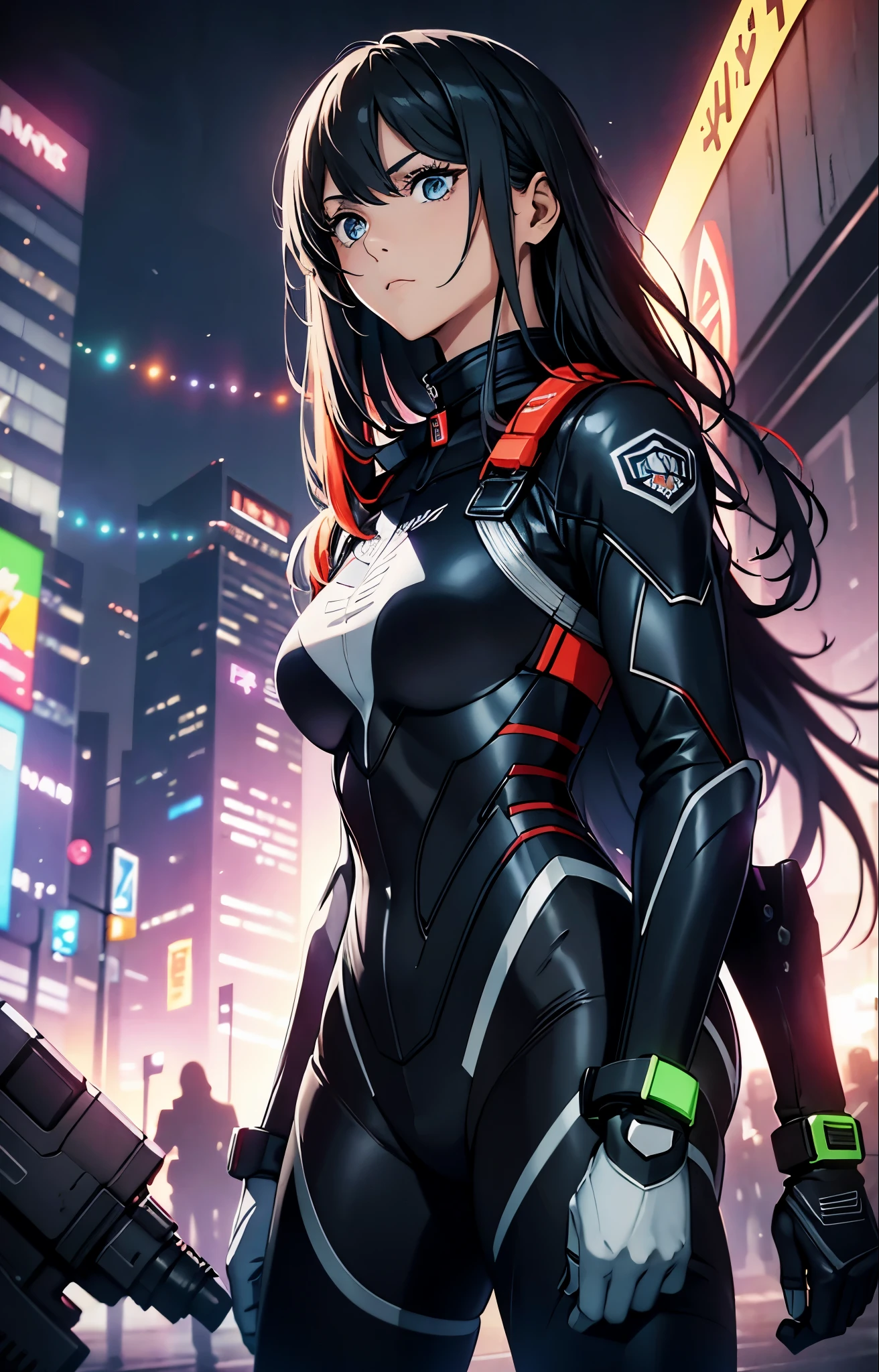 best qualityer,tmasterpiece,Ultimate resolution,downy,Extremely colorful,Colorful,Women combatants,a matural female,Black long hair,holding gun,Tight combat suit,tightsuit,Steel City background,nigh sky,Normal posture,Normal posture