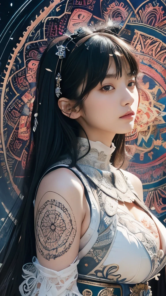 (masterpiece, top quality, best quality, official art, beautiful and aesthetic:1.2), (1girl, ), extreme detailed,colorful,highest detailed, official art, unity 8k wallpaper, ultra detailed, beautiful and aesthetic, beautiful, masterpiece, best quality, (zentangle, mandala, tangle, entangle) ,holy light,white foil,silver leaf art,glitter drawing, PerfectNwsjMajic, SuMetal, Suzuka Nakamoto, big breast